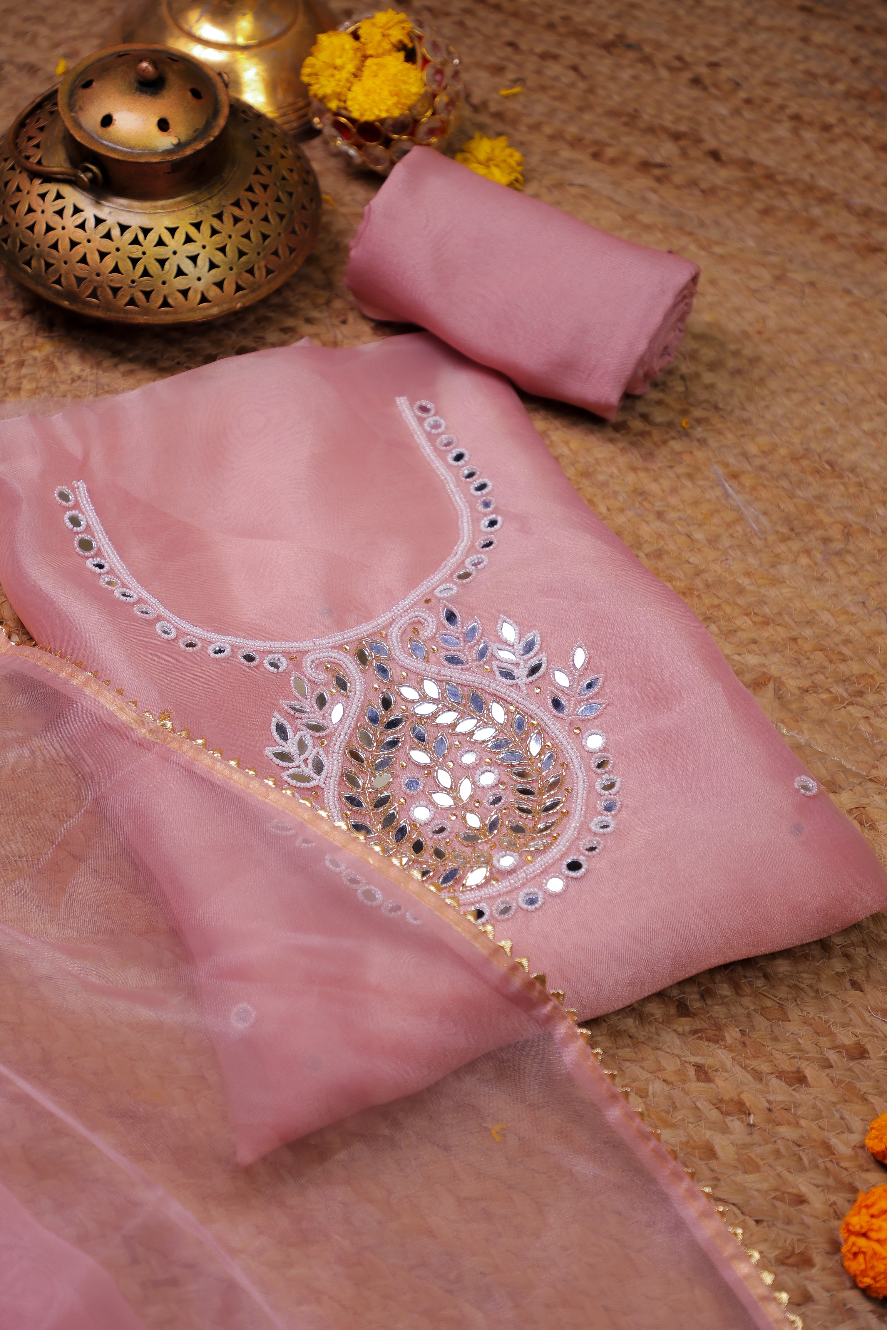 Onion Pink Unstitch Suit with Handcrafted Pearl and Mirror Work