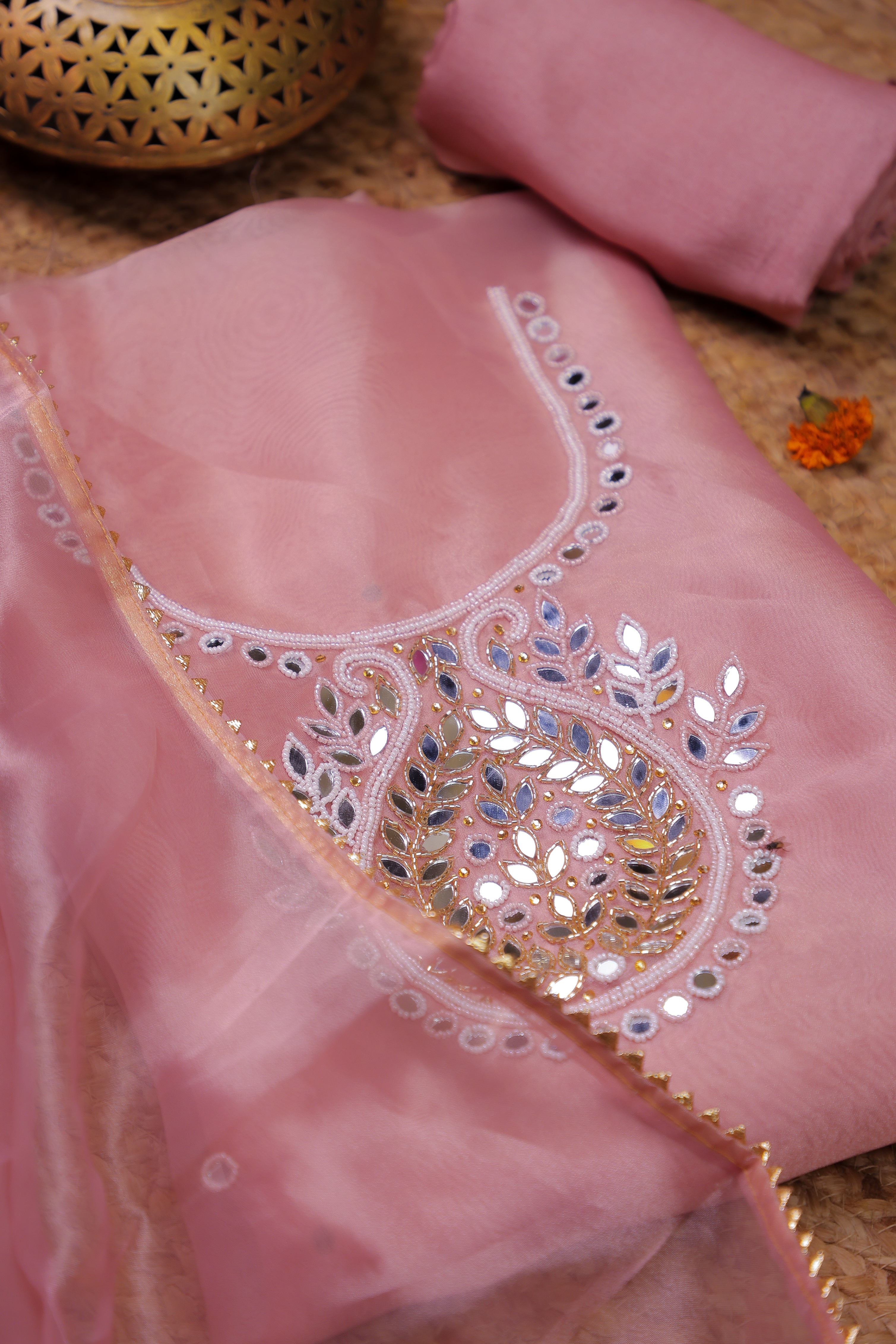 Onion Pink Unstitch Suit with Handcrafted Pearl and Mirror Work