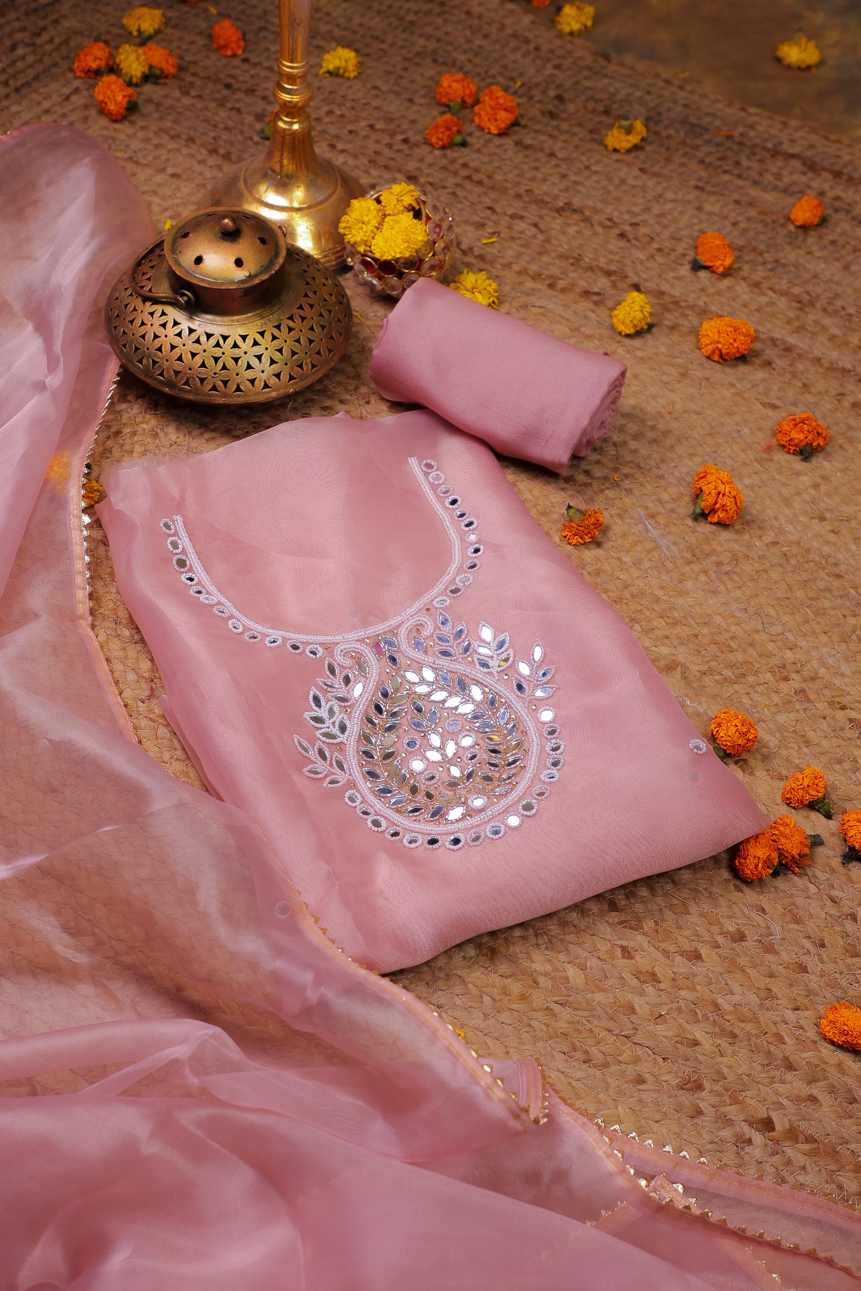Onion Pink Unstitch Suit with Handcrafted Pearl and Mirror Work