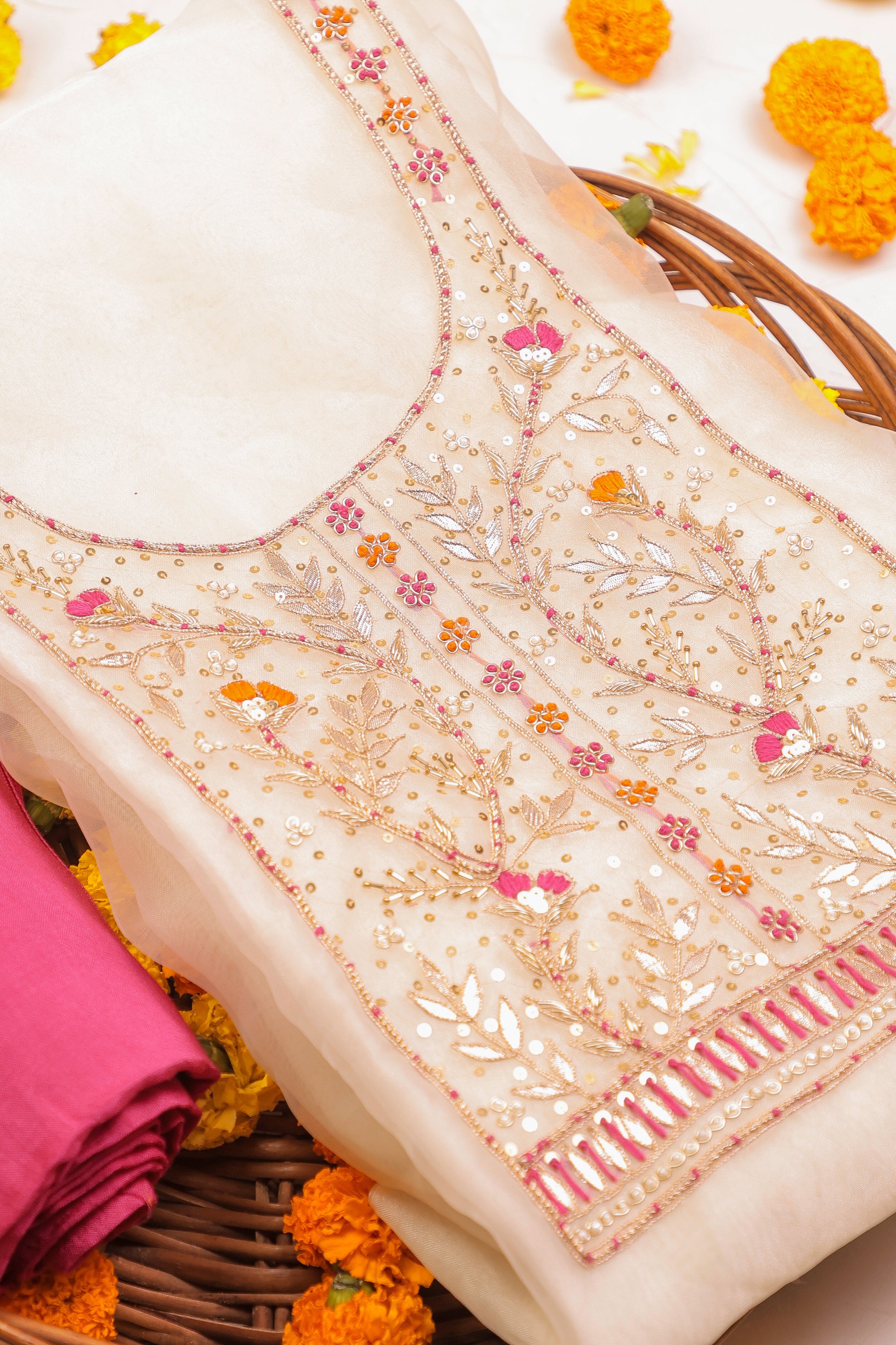 Off White and Rani Unstitch Suit with Heavy Handcrafted Zardozi and Lahariya Dupatta