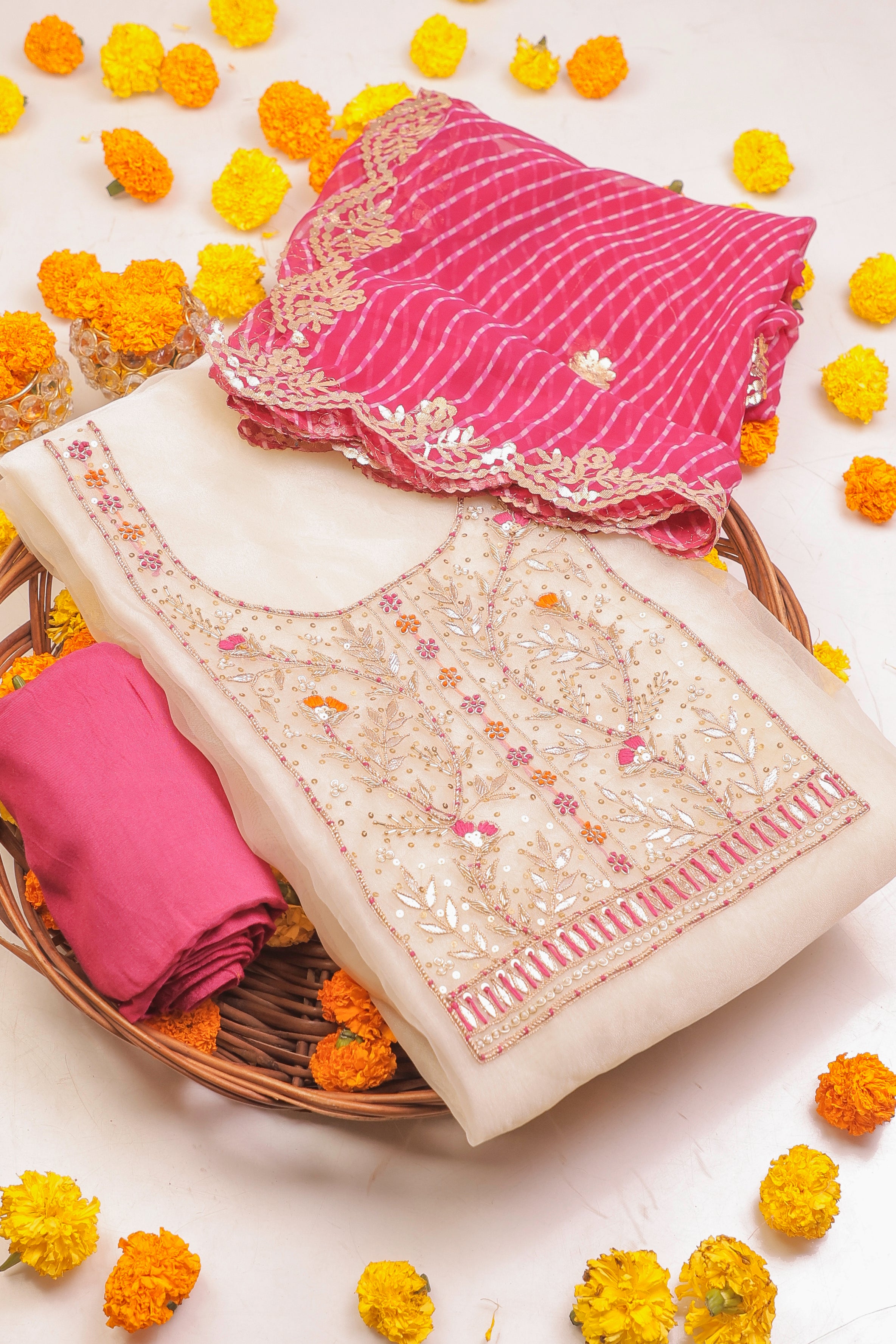 Off White and Rani Unstitch Suit with Heavy Handcrafted Zardozi and Lahariya Dupatta