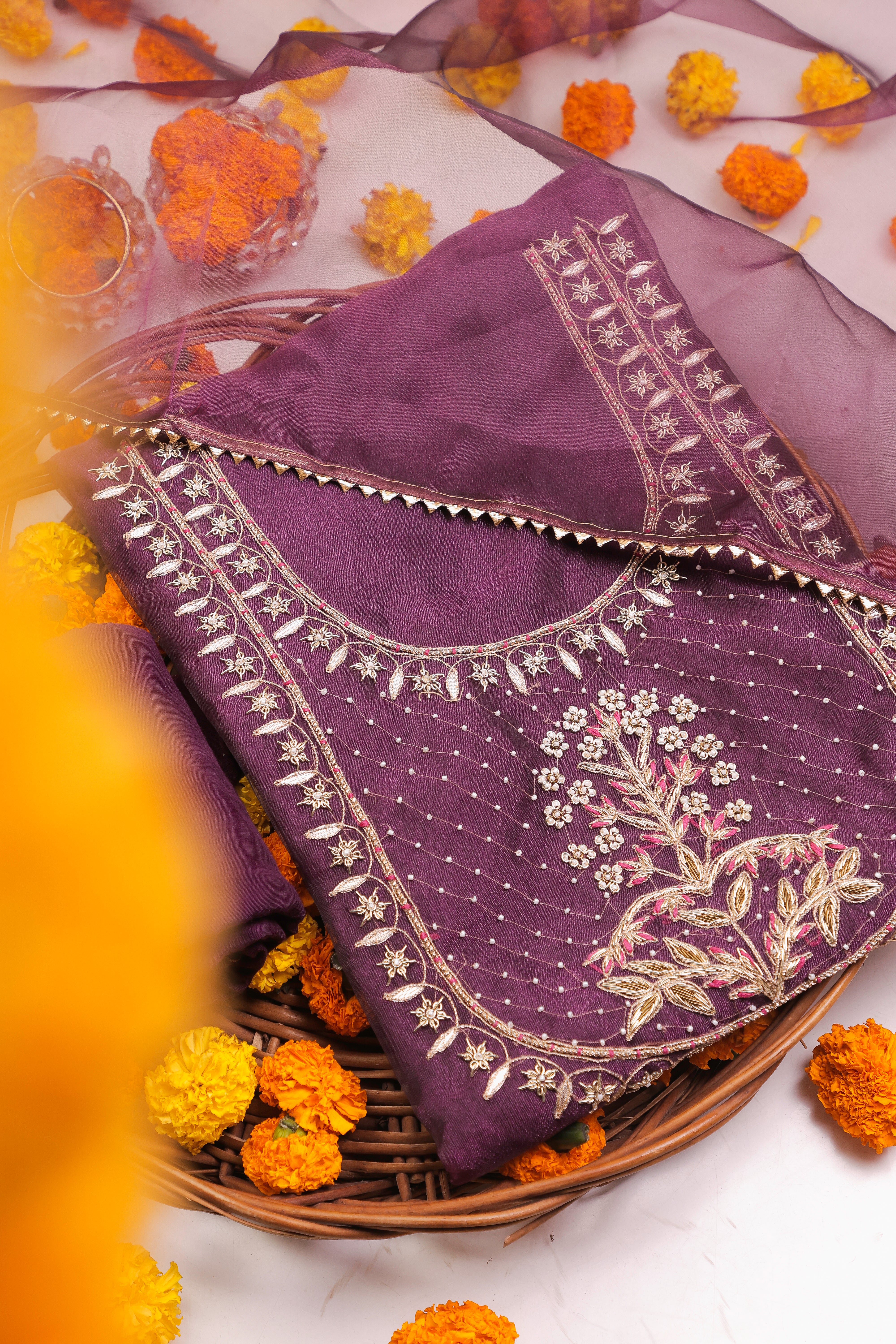 Deep Violet Unstitch Suit with Handcrafted Zardozi, Gotta Patti, and Rani Thread Work