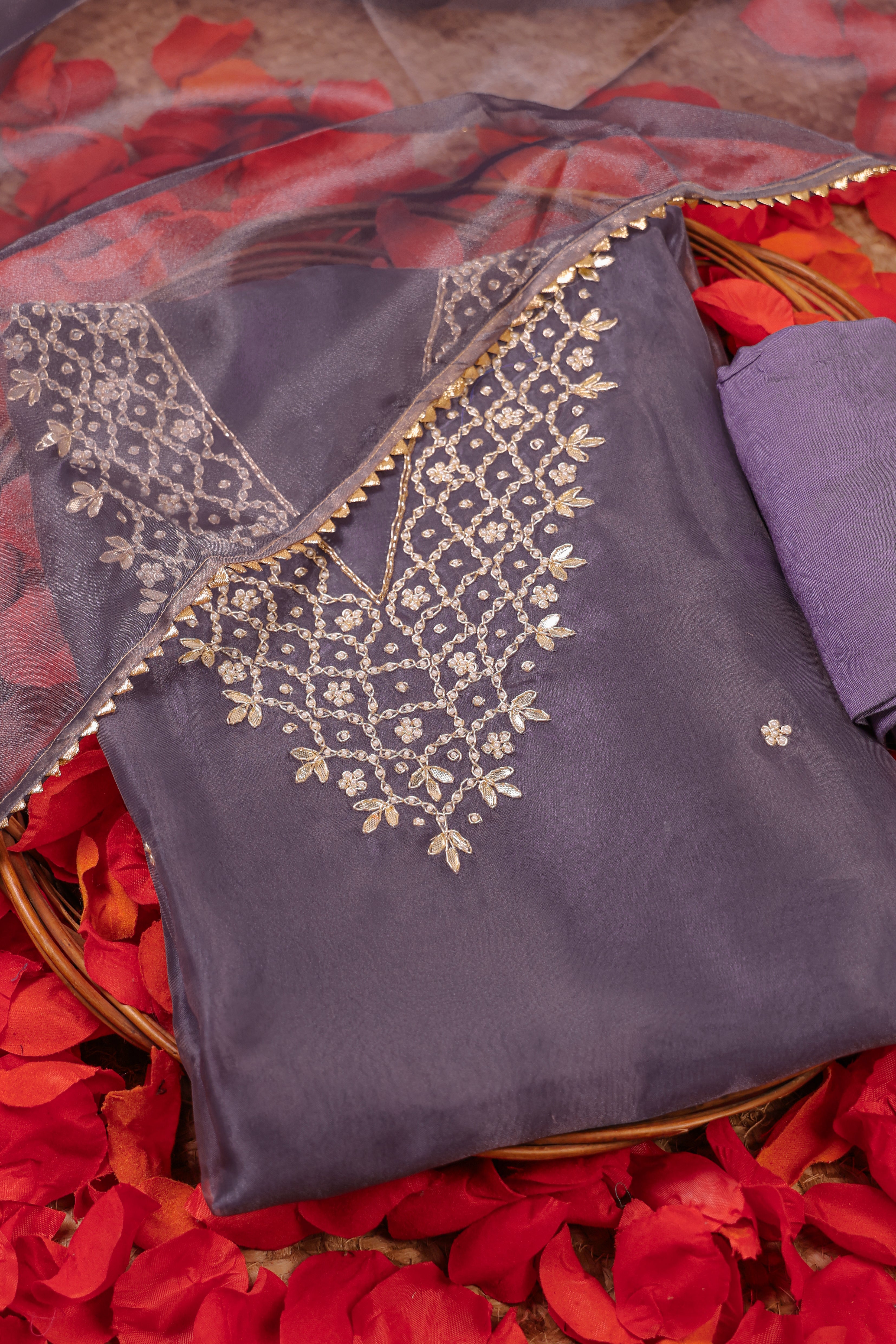 Lilac Haze Unstitch Suit with V-Neck Gota Patti and Heavy Pearl Jaal Work