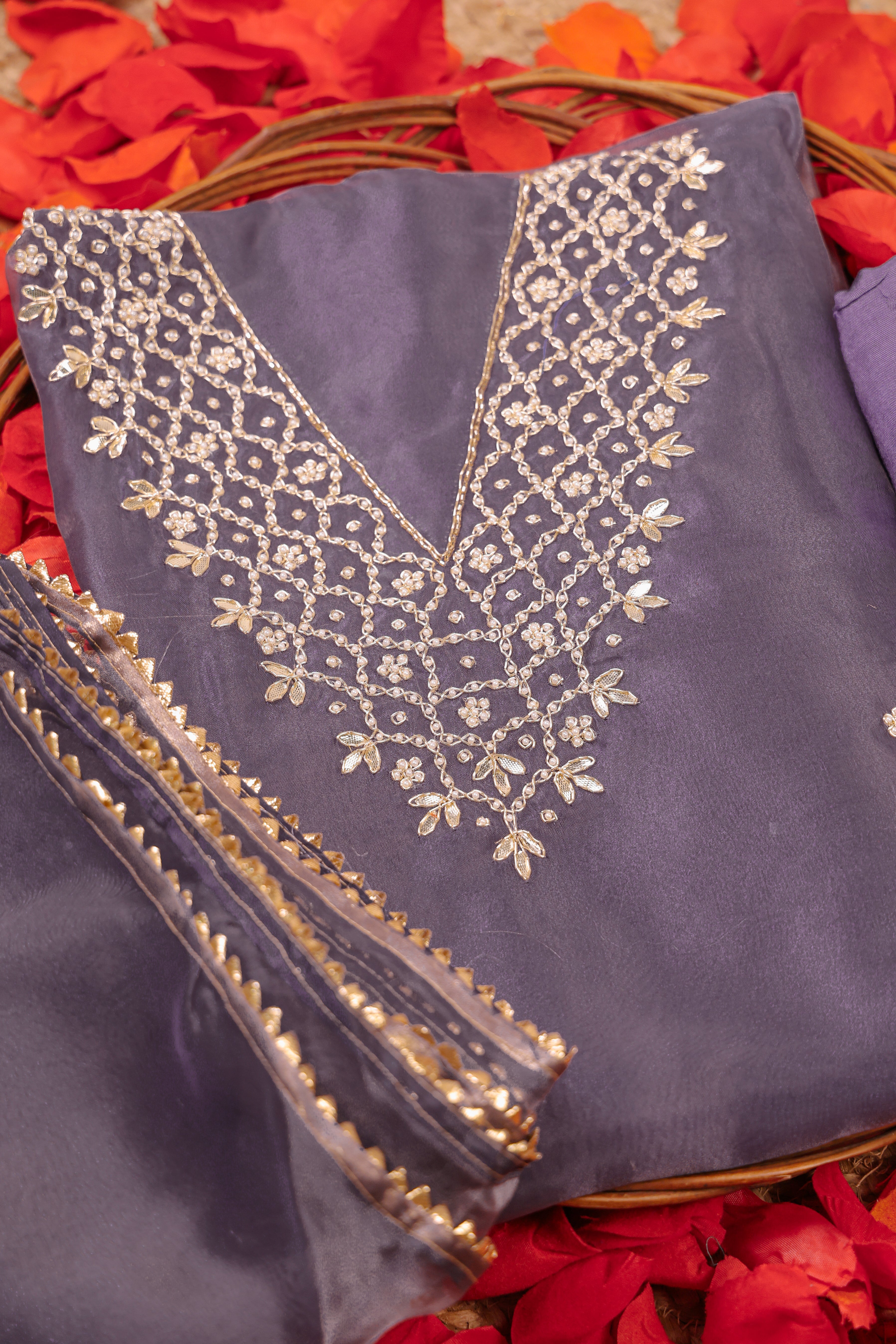 Lilac Haze Unstitch Suit with V-Neck Gota Patti and Heavy Pearl Jaal Work
