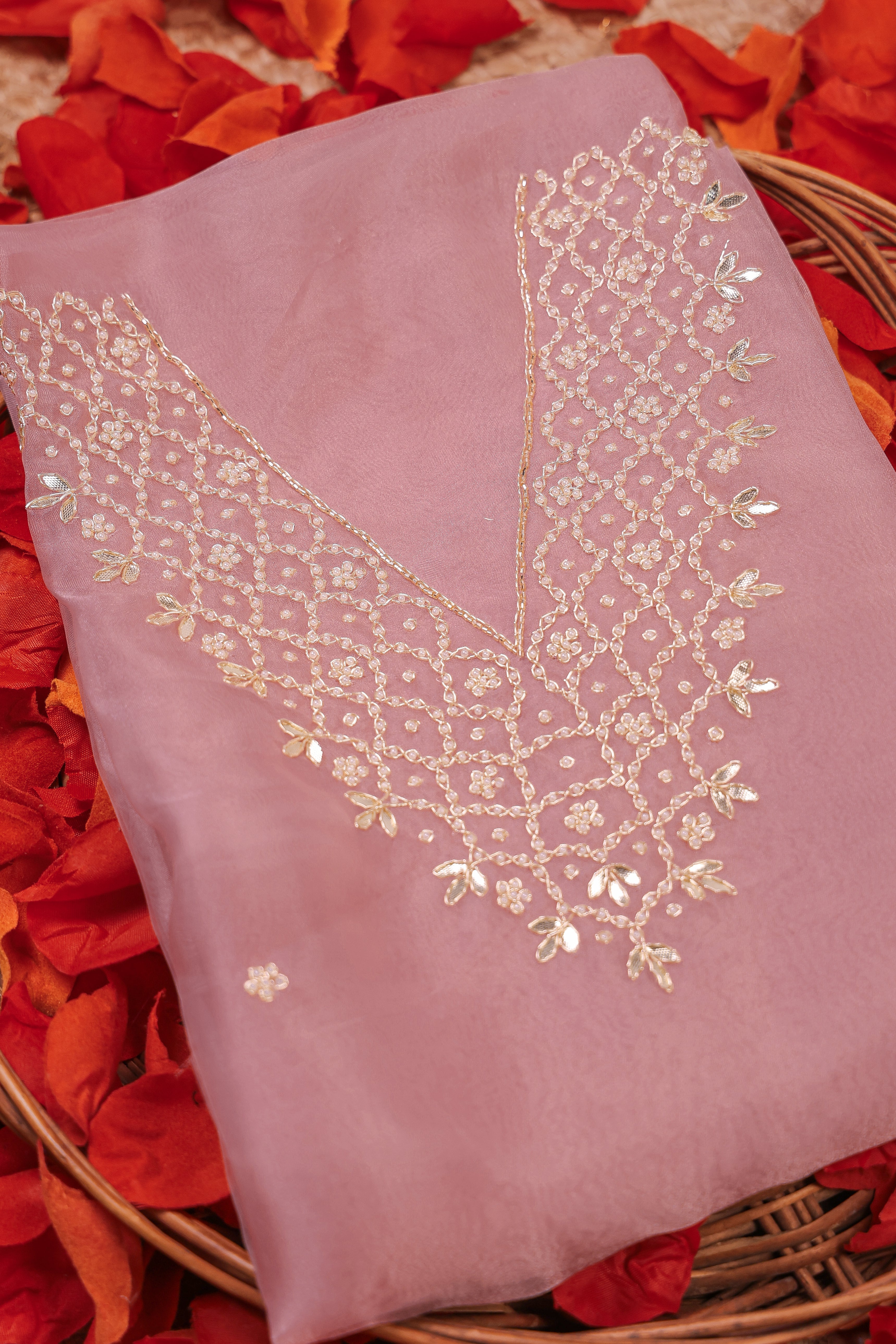 Rose Blush Unstitch Suit with V-Neck Gota Patti and Heavy Pearl Jaal Work