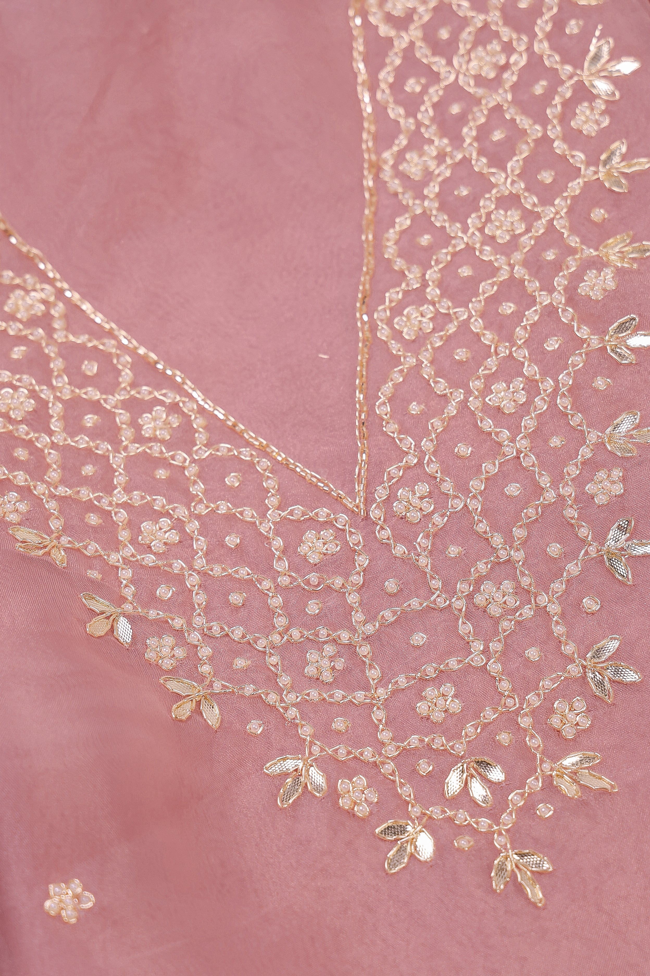 Rose Blush Unstitch Suit with V-Neck Gota Patti and Heavy Pearl Jaal Work