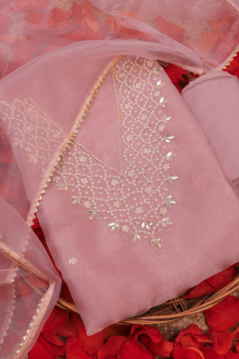 Rose Blush Unstitch Suit with V-Neck Gota Patti and Heavy Pearl Jaal Work