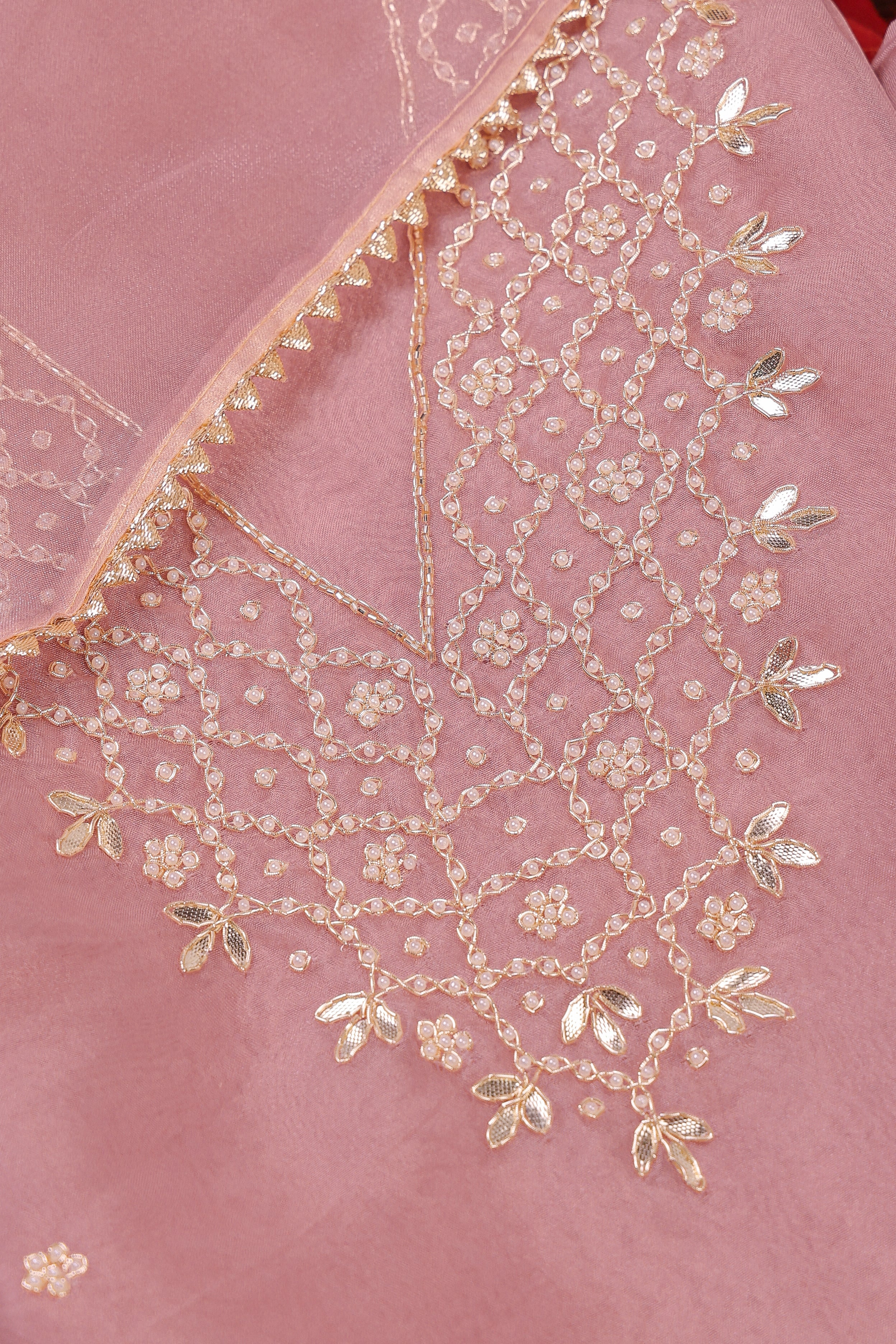 Rose Blush Unstitch Suit with V-Neck Gota Patti and Heavy Pearl Jaal Work