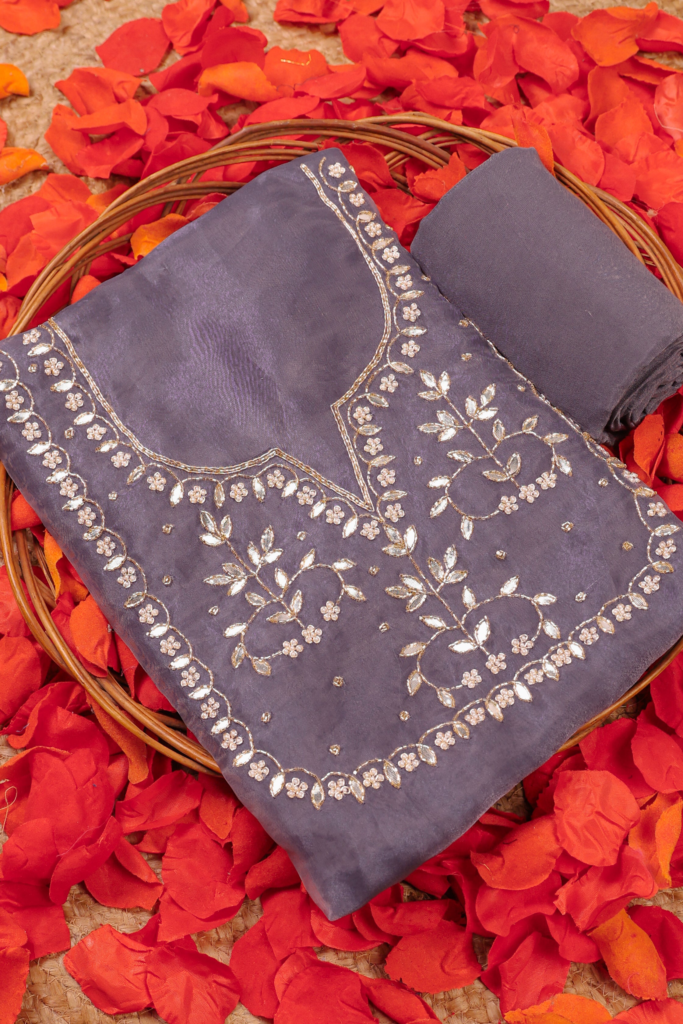 Orchid Mist Unstitch Suit with Handcrafted Heavy Gota Patti and Pearl Work