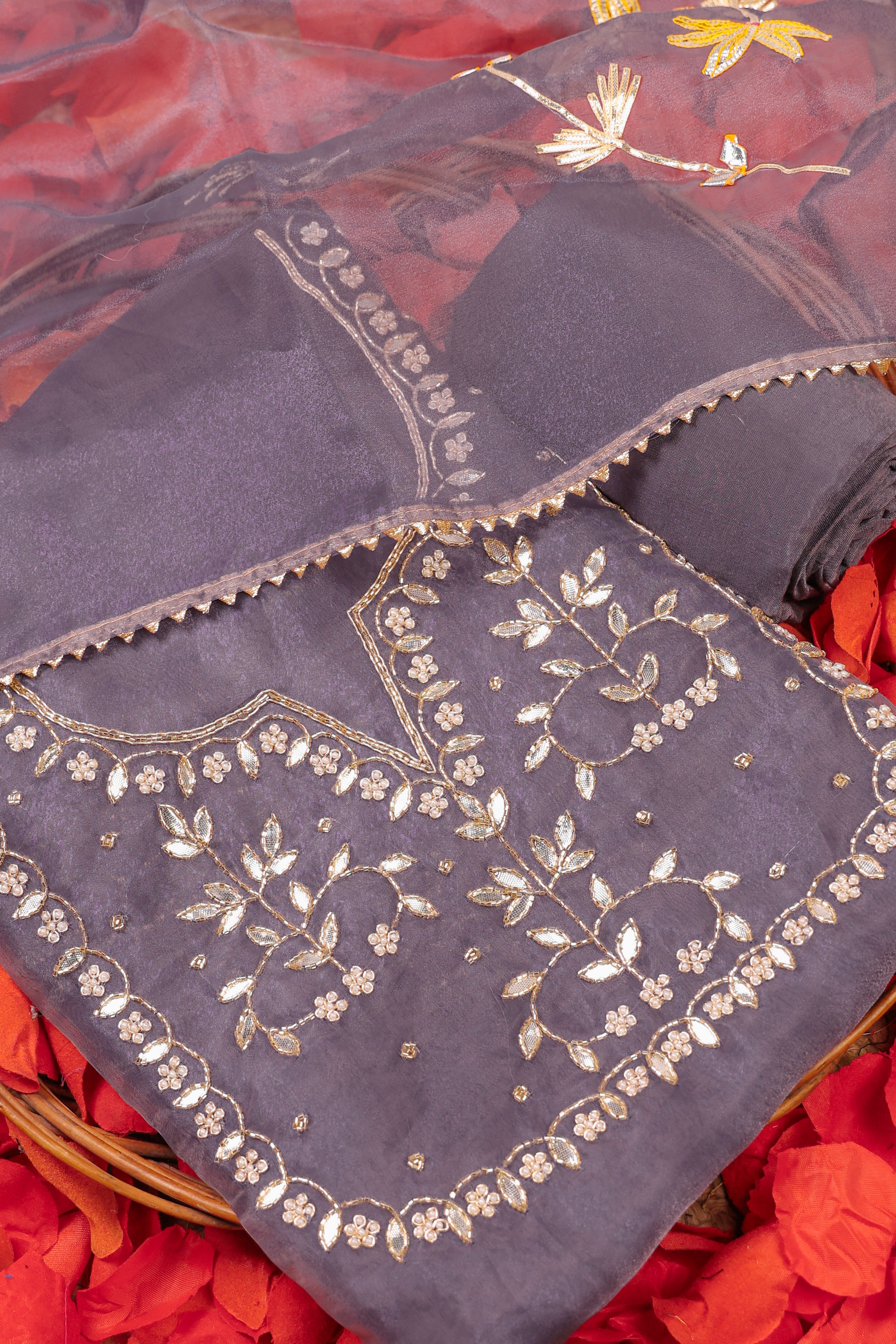 Orchid Mist Unstitch Suit with Handcrafted Heavy Gota Patti and Pearl Work