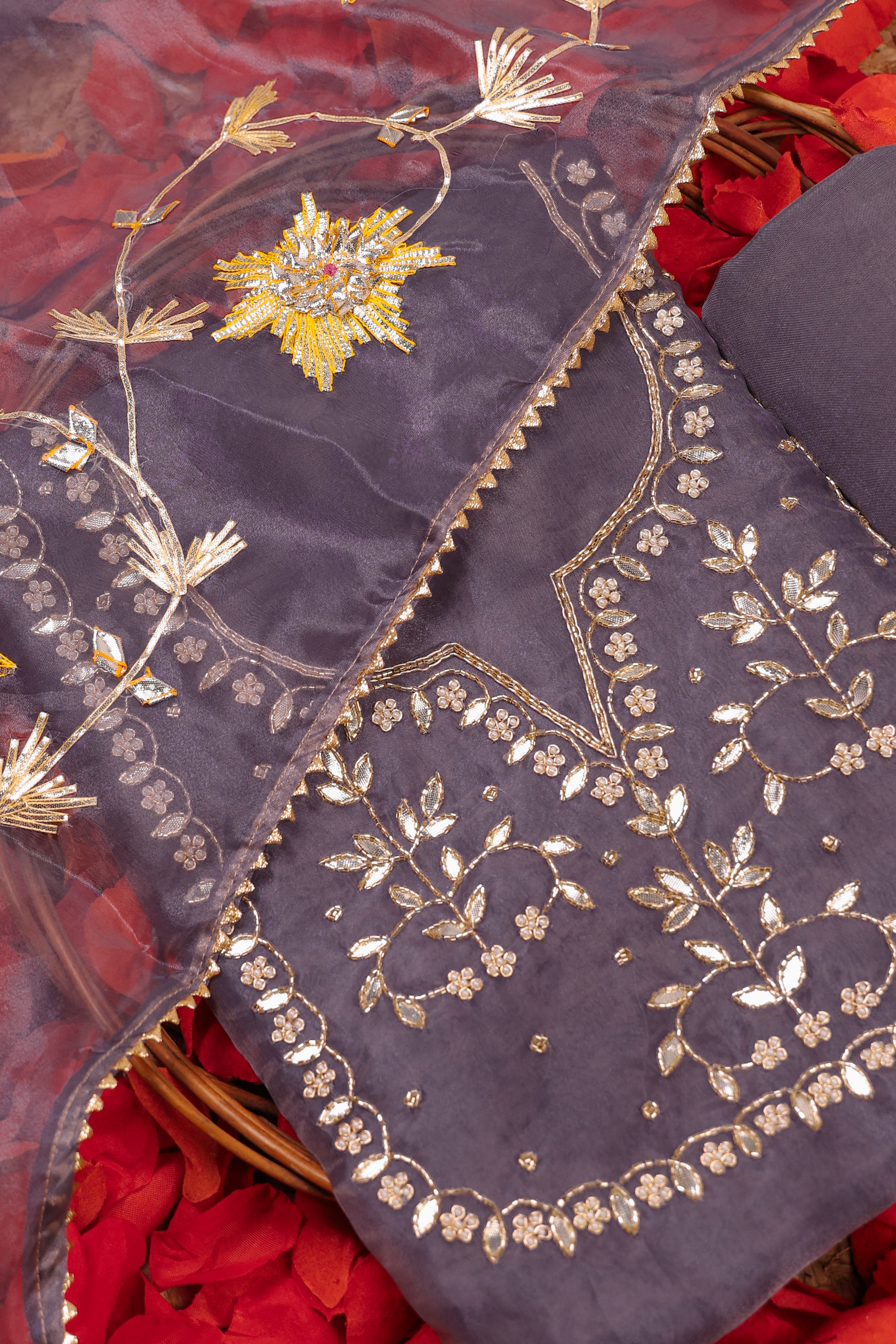 Orchid Mist Unstitch Suit with Handcrafted Heavy Gota Patti and Pearl Work