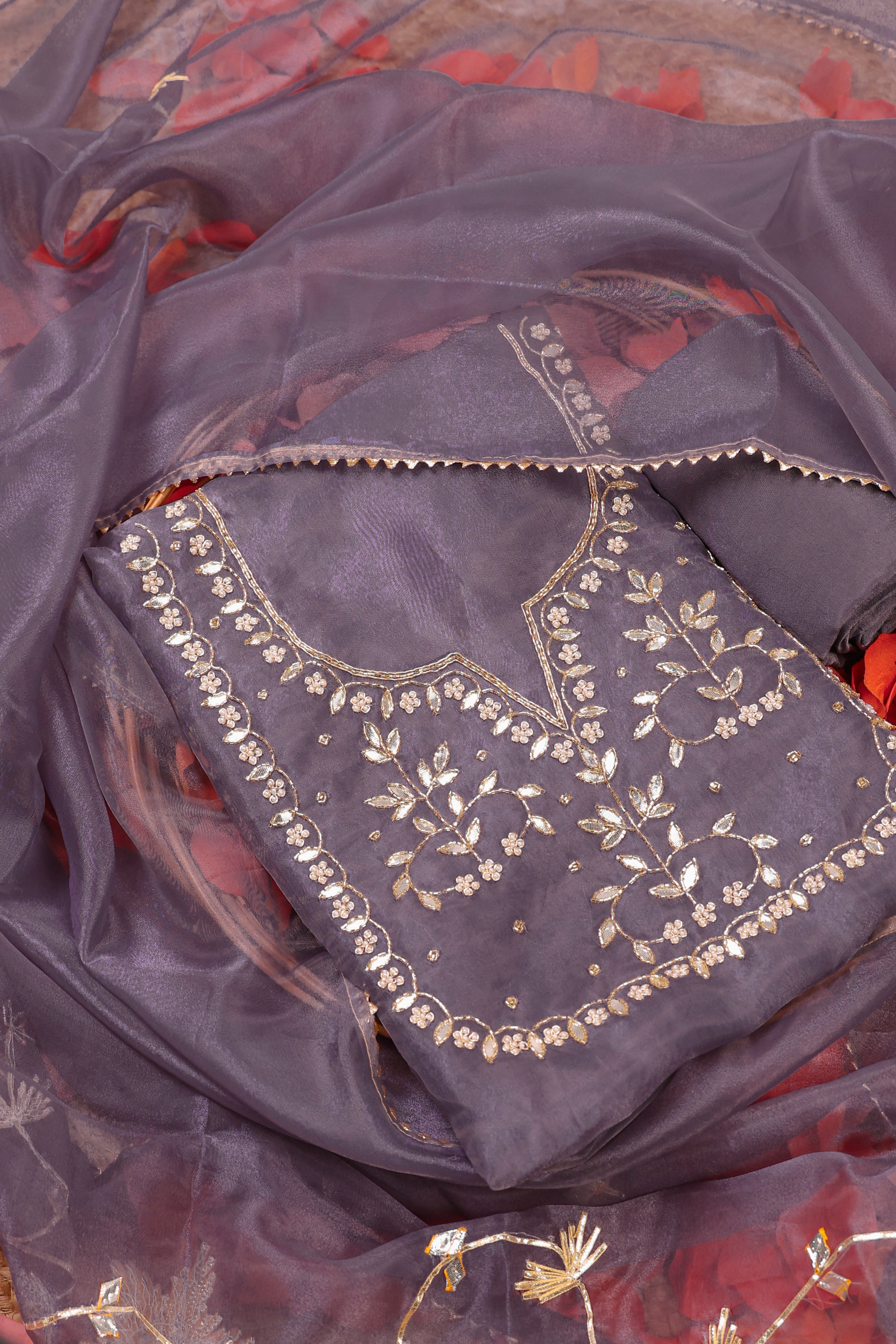 Orchid Mist Unstitch Suit with Handcrafted Heavy Gota Patti and Pearl Work