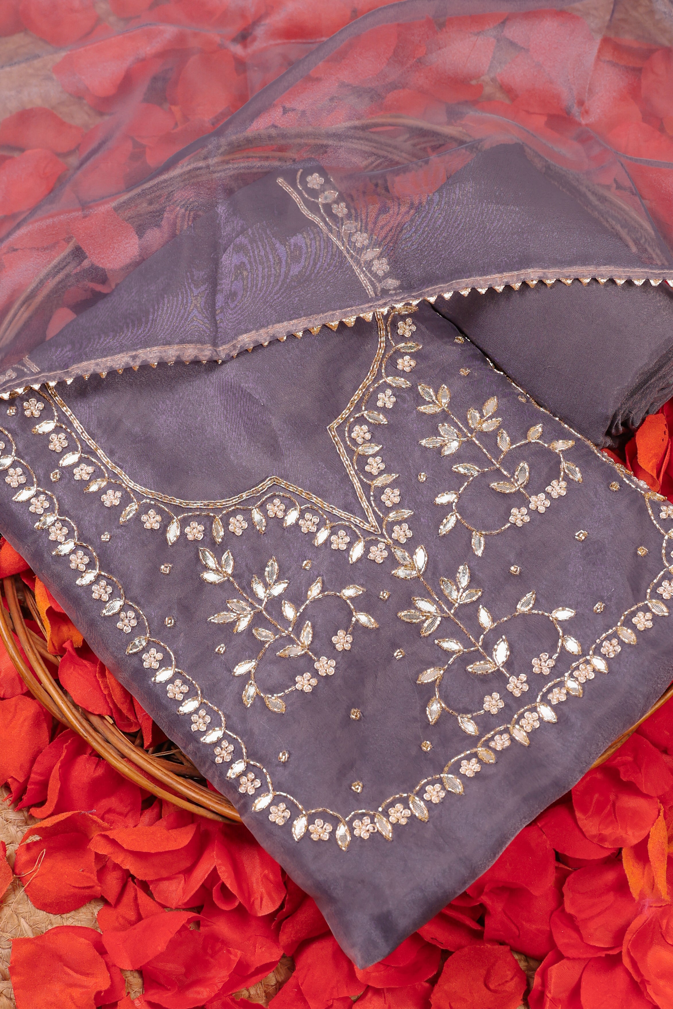 Orchid Mist Unstitch Suit with Handcrafted Heavy Gota Patti and Pearl Work