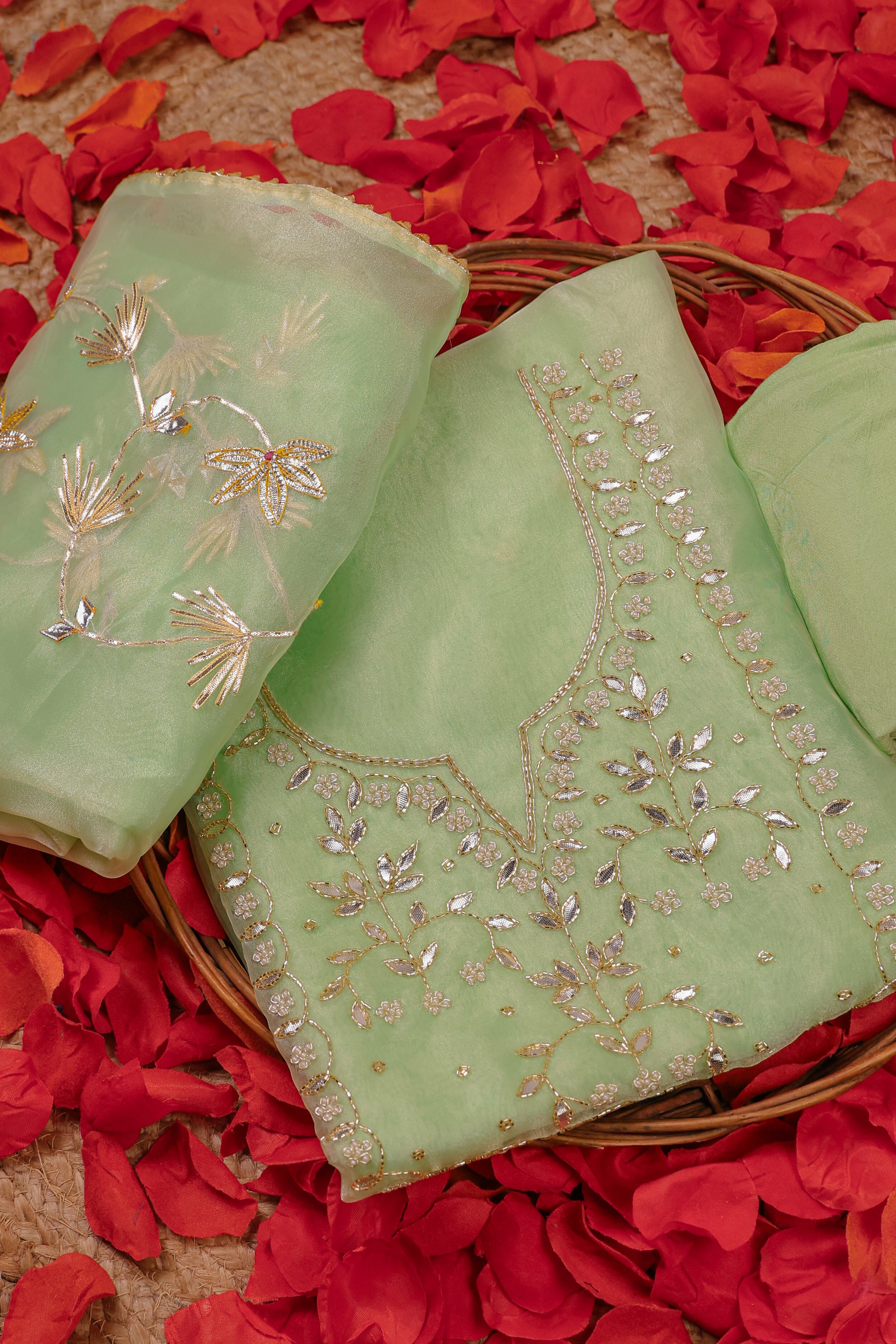 Mint Radiance Unstitch Suit with Handcrafted Heavy Gota Patti and Pearl Work