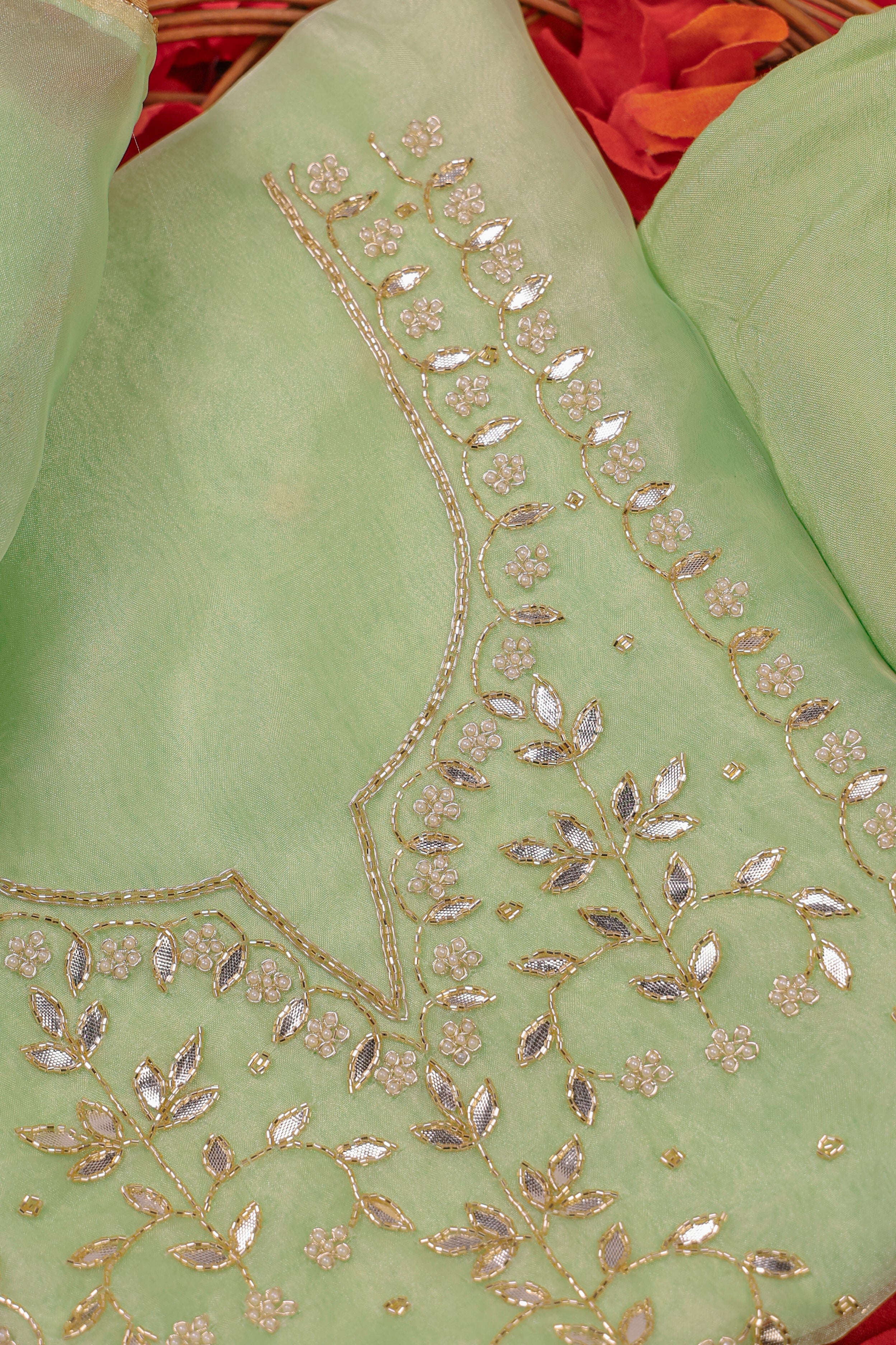 Mint Radiance Unstitch Suit with Handcrafted Heavy Gota Patti and Pearl Work