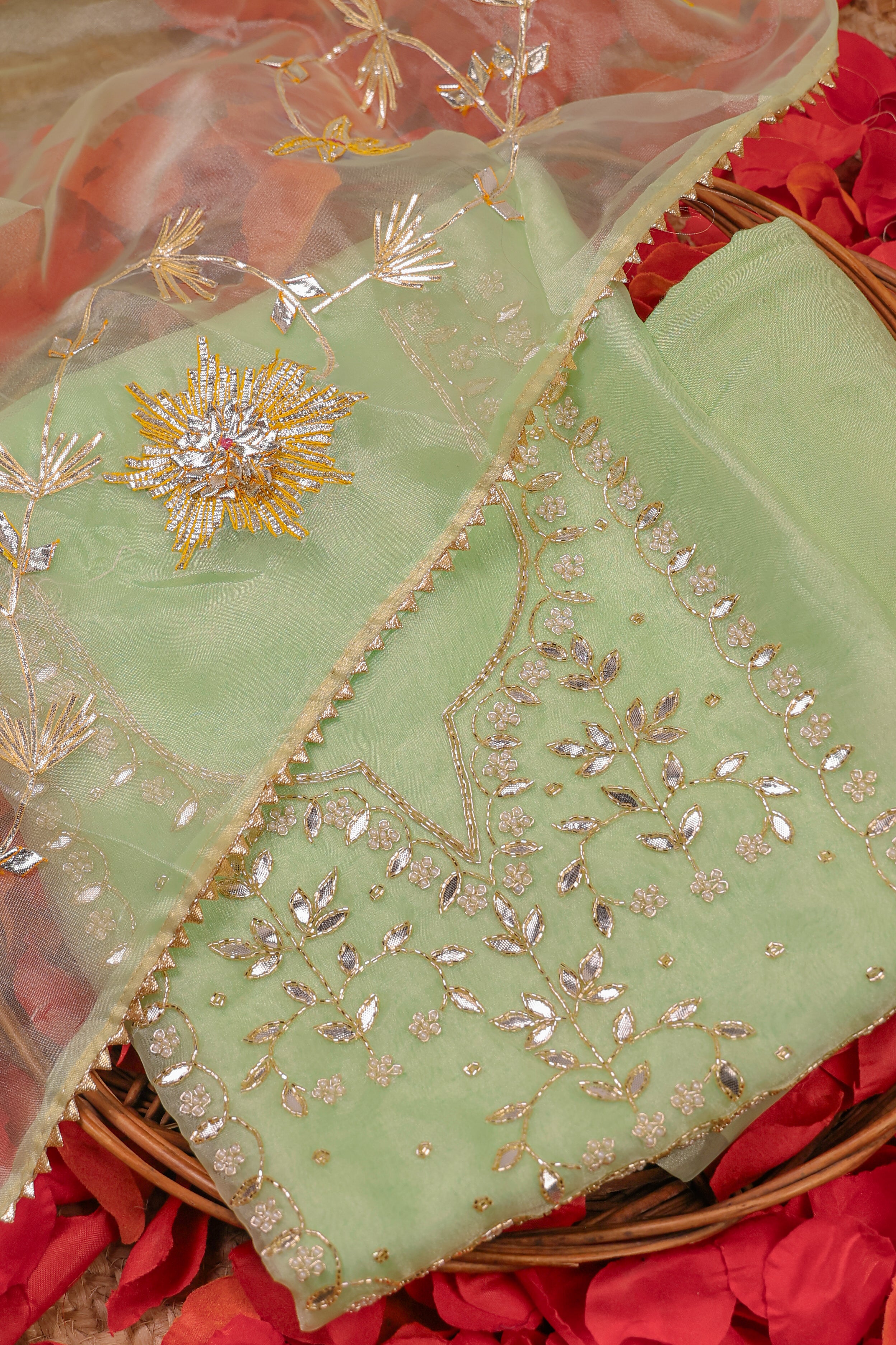 Mint Radiance Unstitch Suit with Handcrafted Heavy Gota Patti and Pearl Work