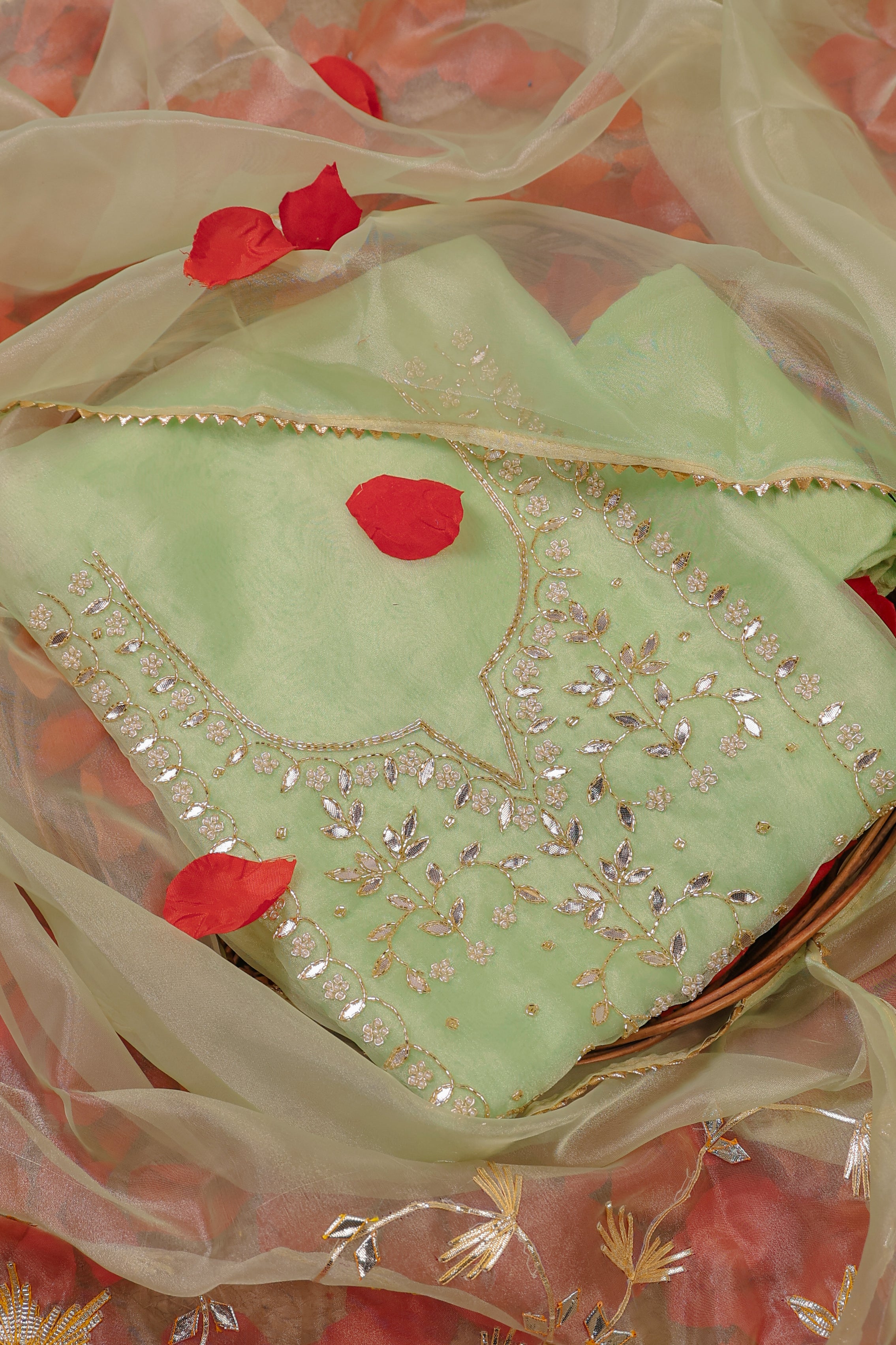 Mint Radiance Unstitch Suit with Handcrafted Heavy Gota Patti and Pearl Work