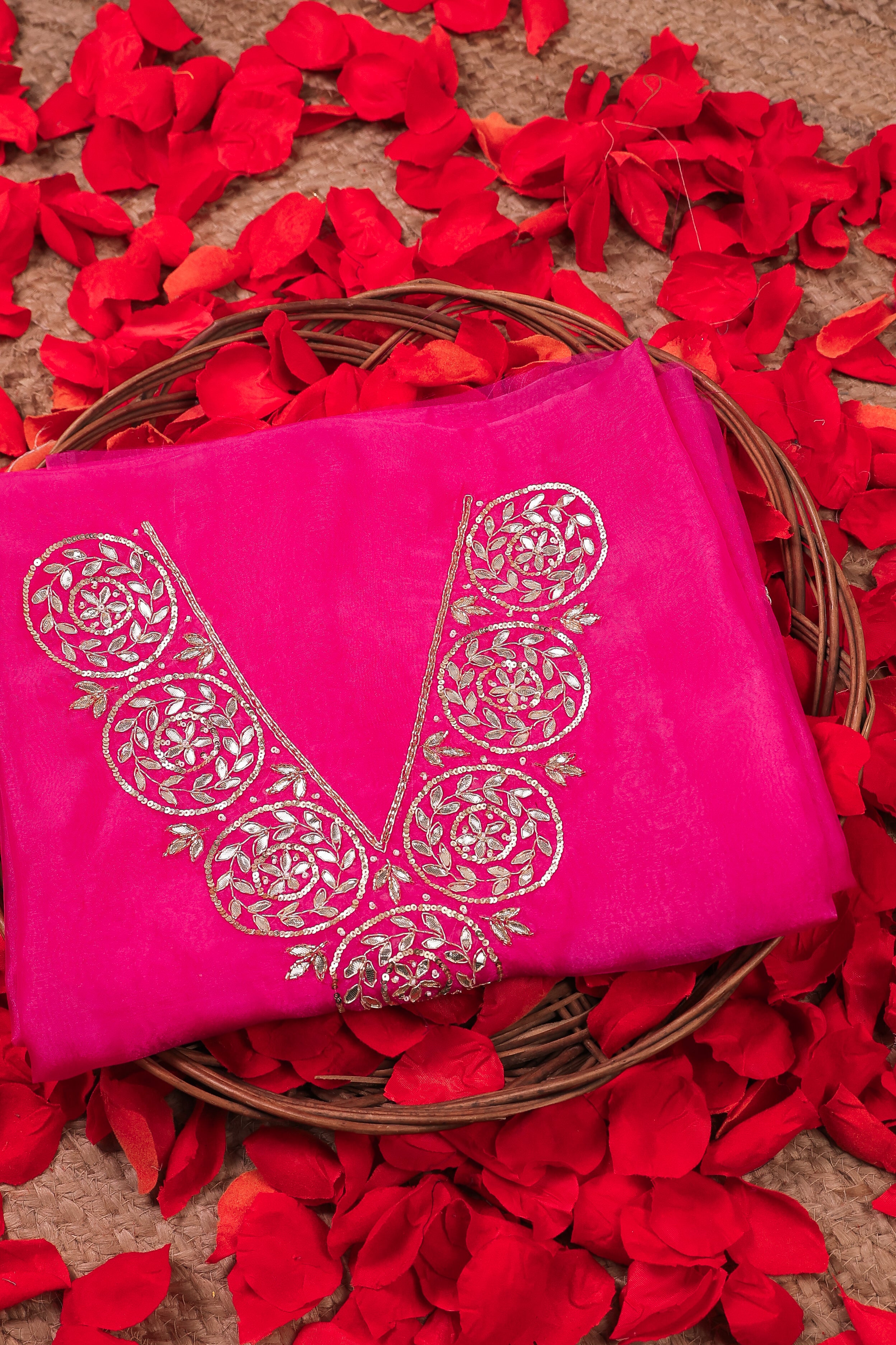 Hot Pink Unstitch Suit with V-Neck Gota Patti Work and Lace Dupatta