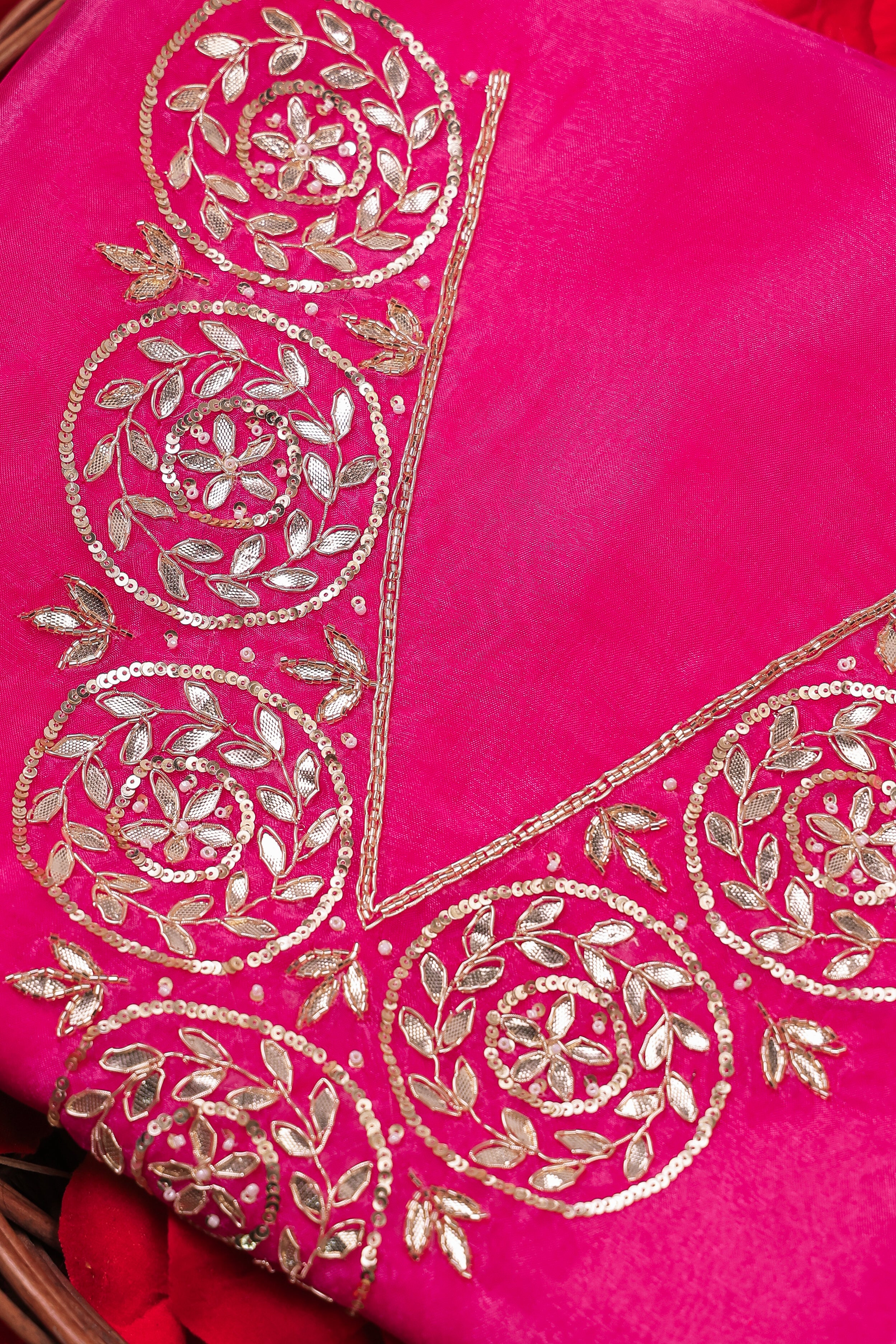 Hot Pink Unstitch Suit with V-Neck Gota Patti Work and Lace Dupatta