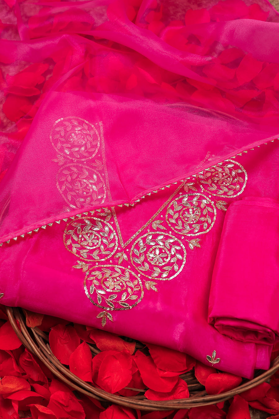 Hot Pink Unstitch Suit with V-Neck Gota Patti Work and Lace Dupatta