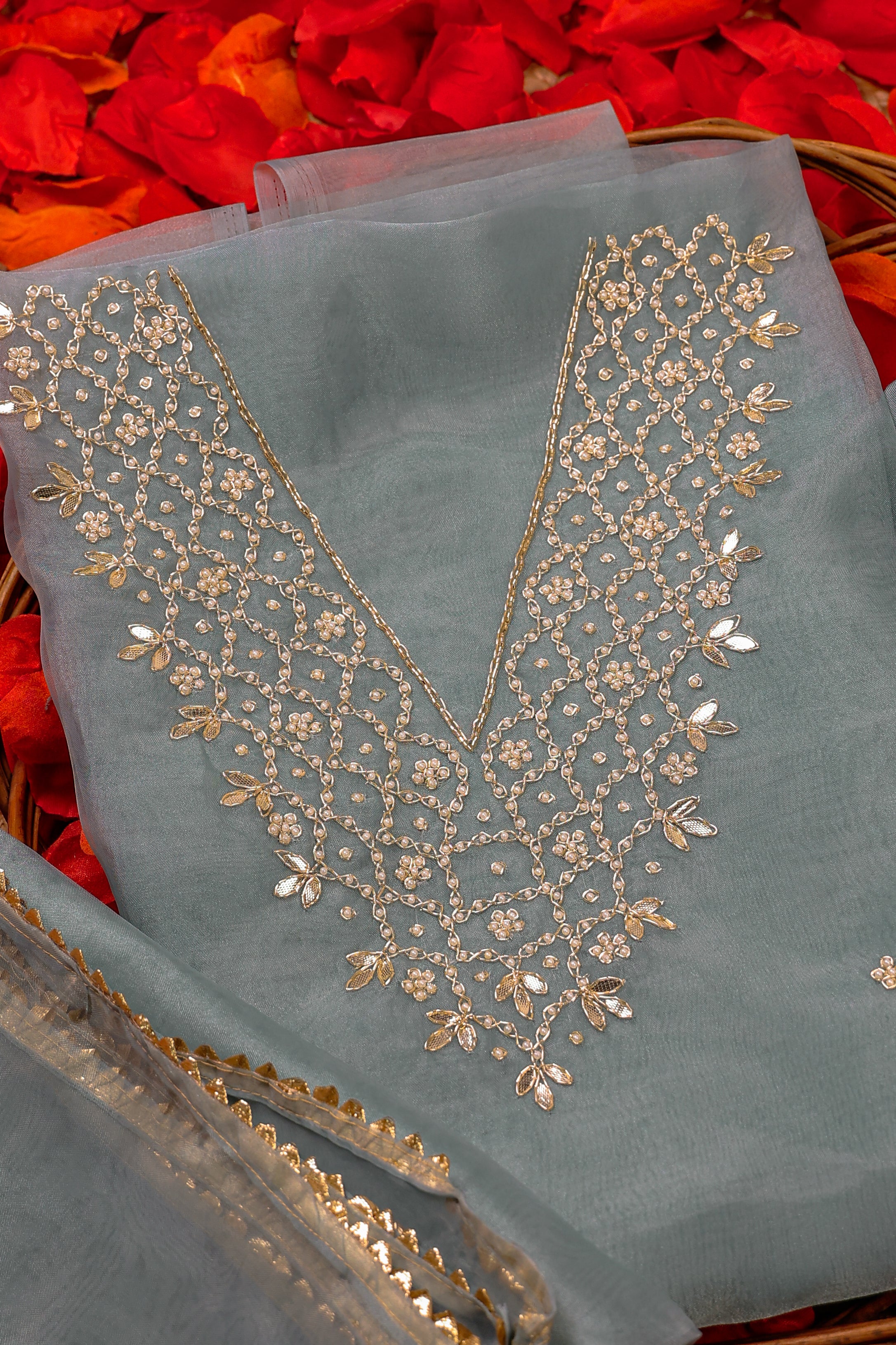 Sage Mist Unstitch Suit with V-Neck Gota Patti and Heavy Pearl Jaal Work