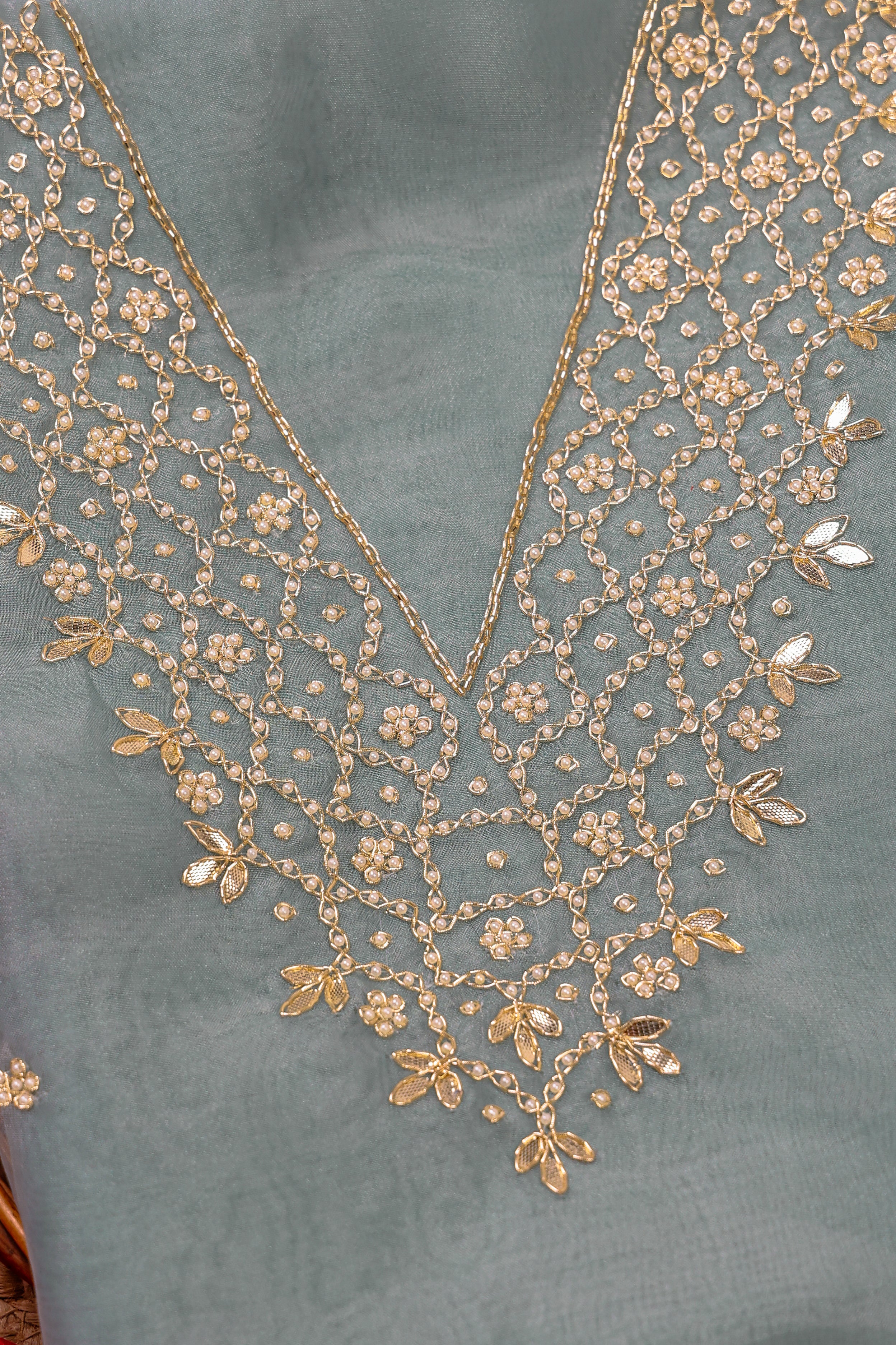 Sage Mist Unstitch Suit with V-Neck Gota Patti and Heavy Pearl Jaal Work