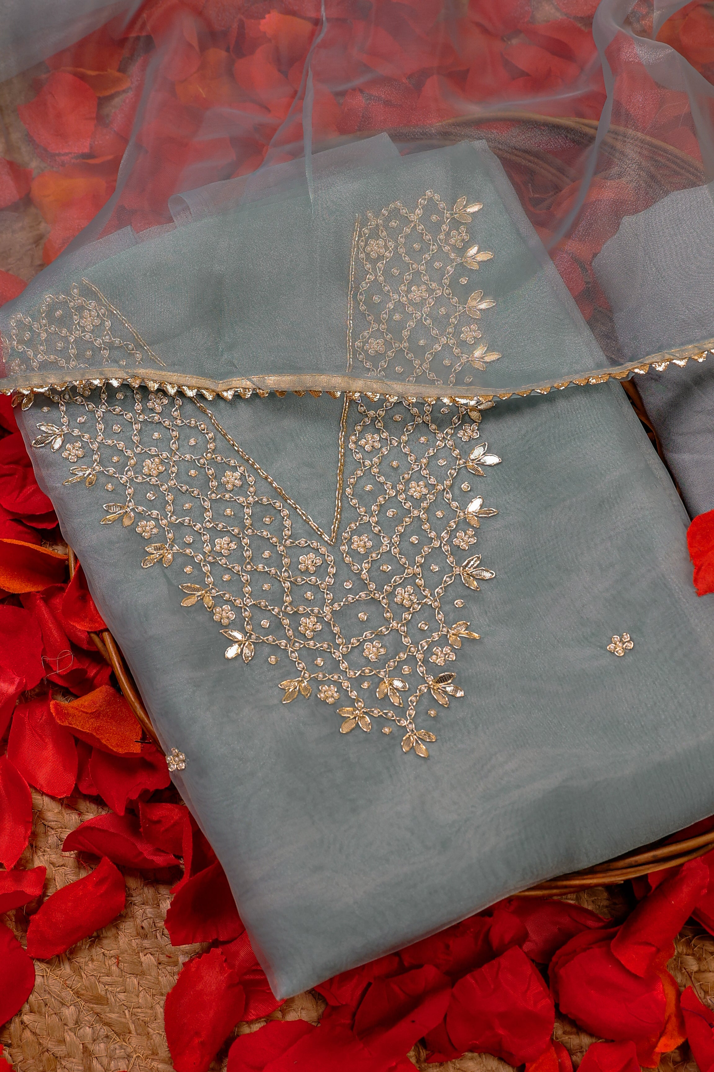 Sage Mist Unstitch Suit with V-Neck Gota Patti and Heavy Pearl Jaal Work