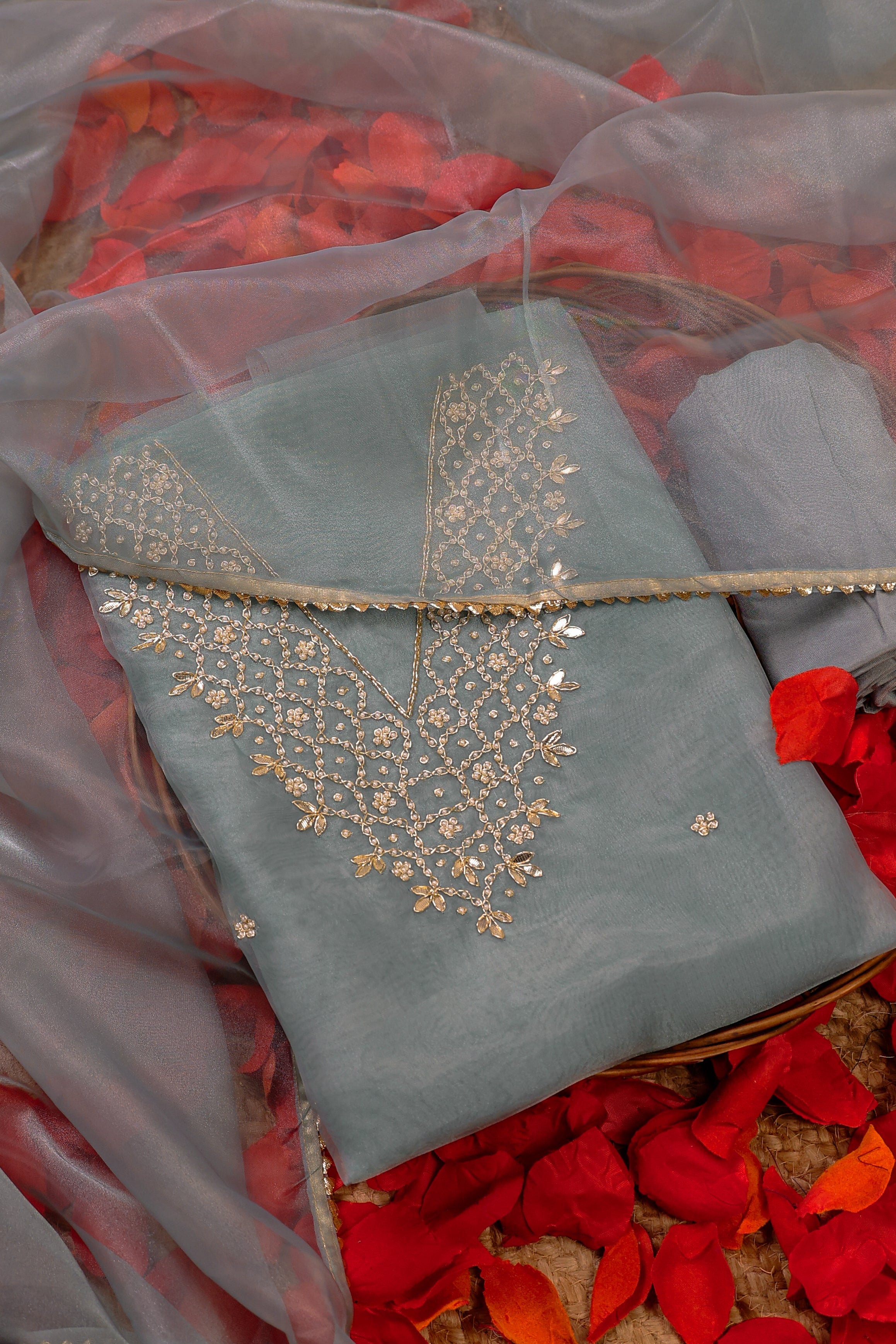 Sage Mist Unstitch Suit with V-Neck Gota Patti and Heavy Pearl Jaal Work