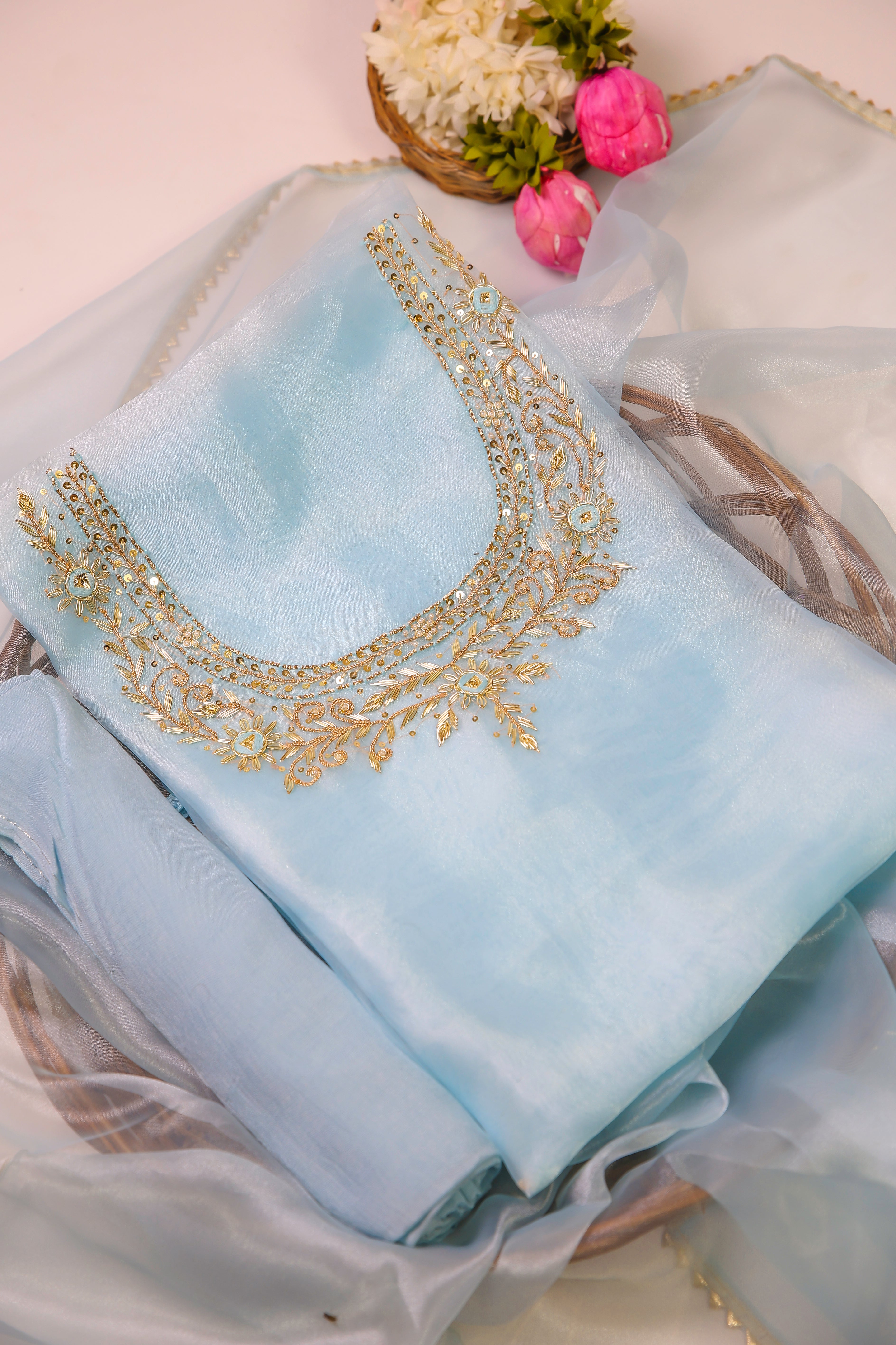 Sky Blue Unstitch Suit with Handcrafted Zardozi and Thread Work