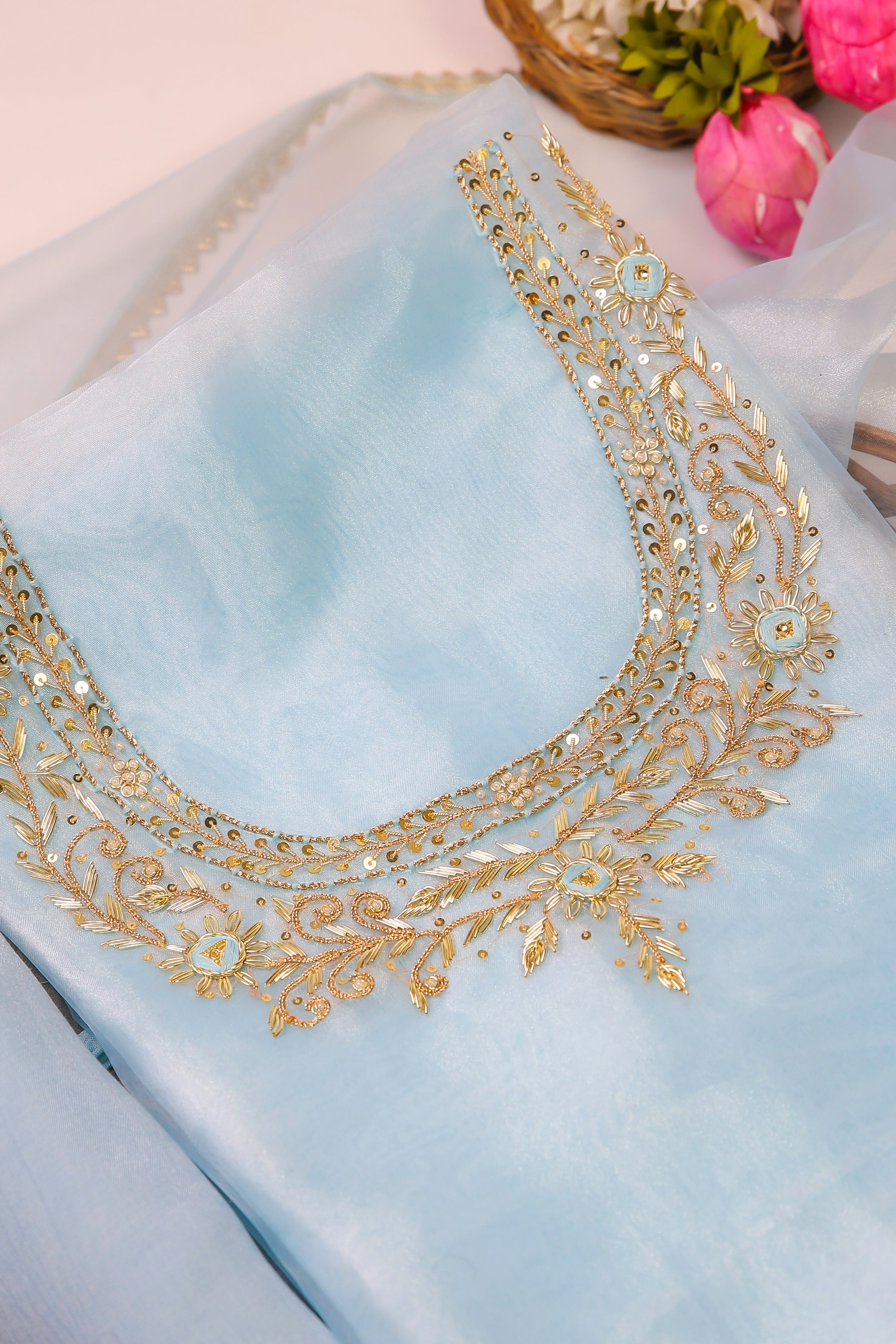 Sky Blue Unstitch Suit with Handcrafted Zardozi and Thread Work