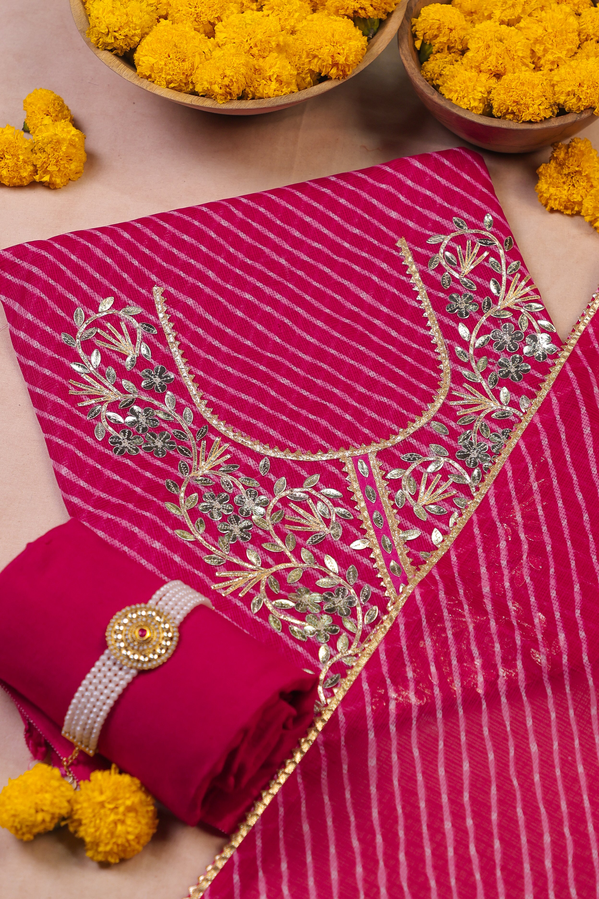 Rani Radiance Unstitched Suit Set in Kota Doria with Golden Gota Patti Work