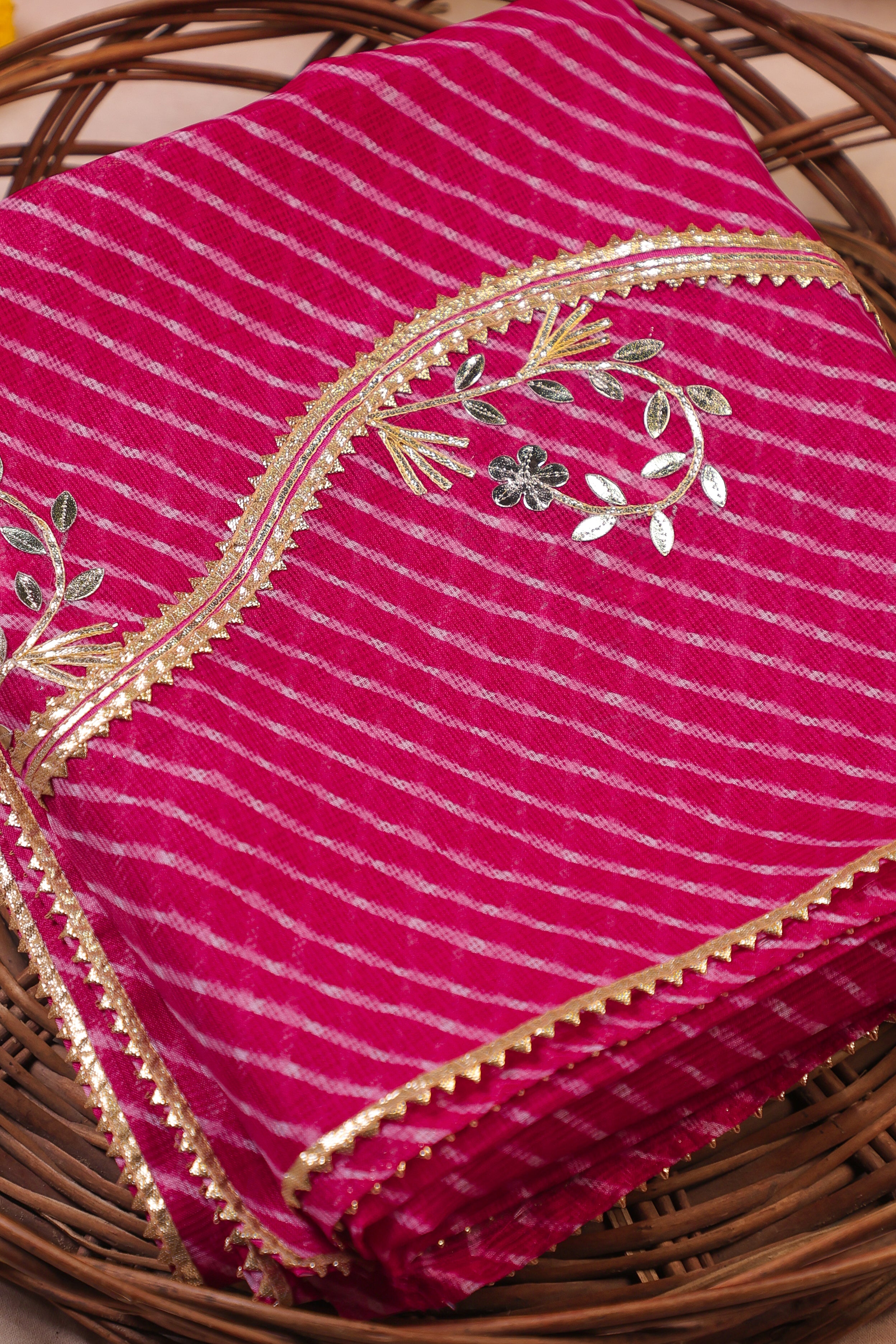 Rani Radiance Unstitched Suit Set in Kota Doria with Golden Gota Patti Work