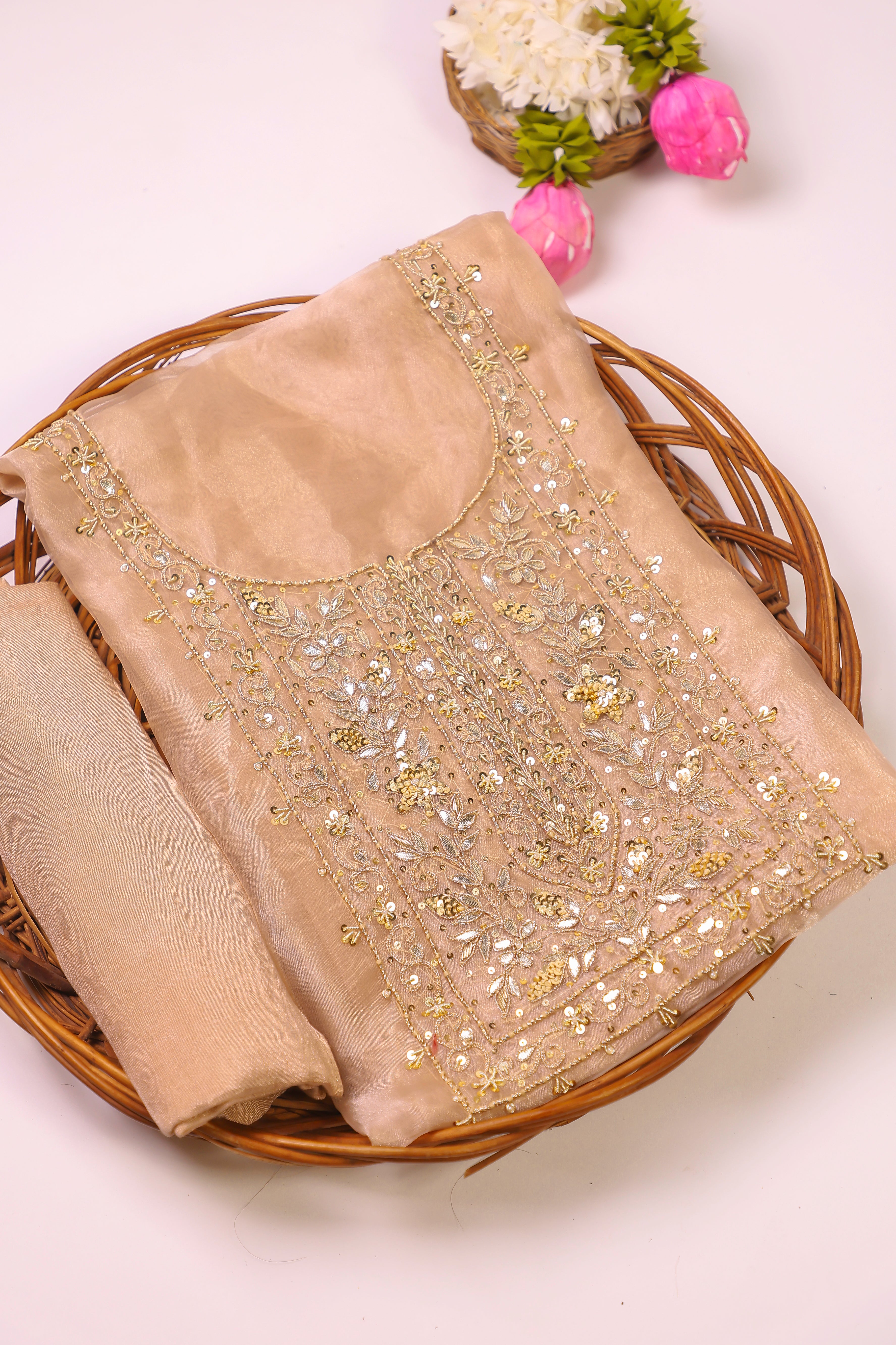 Golden Copper Brown Unstitch Suit with Handcrafted Zardozi and Heavy Gota Patti Work