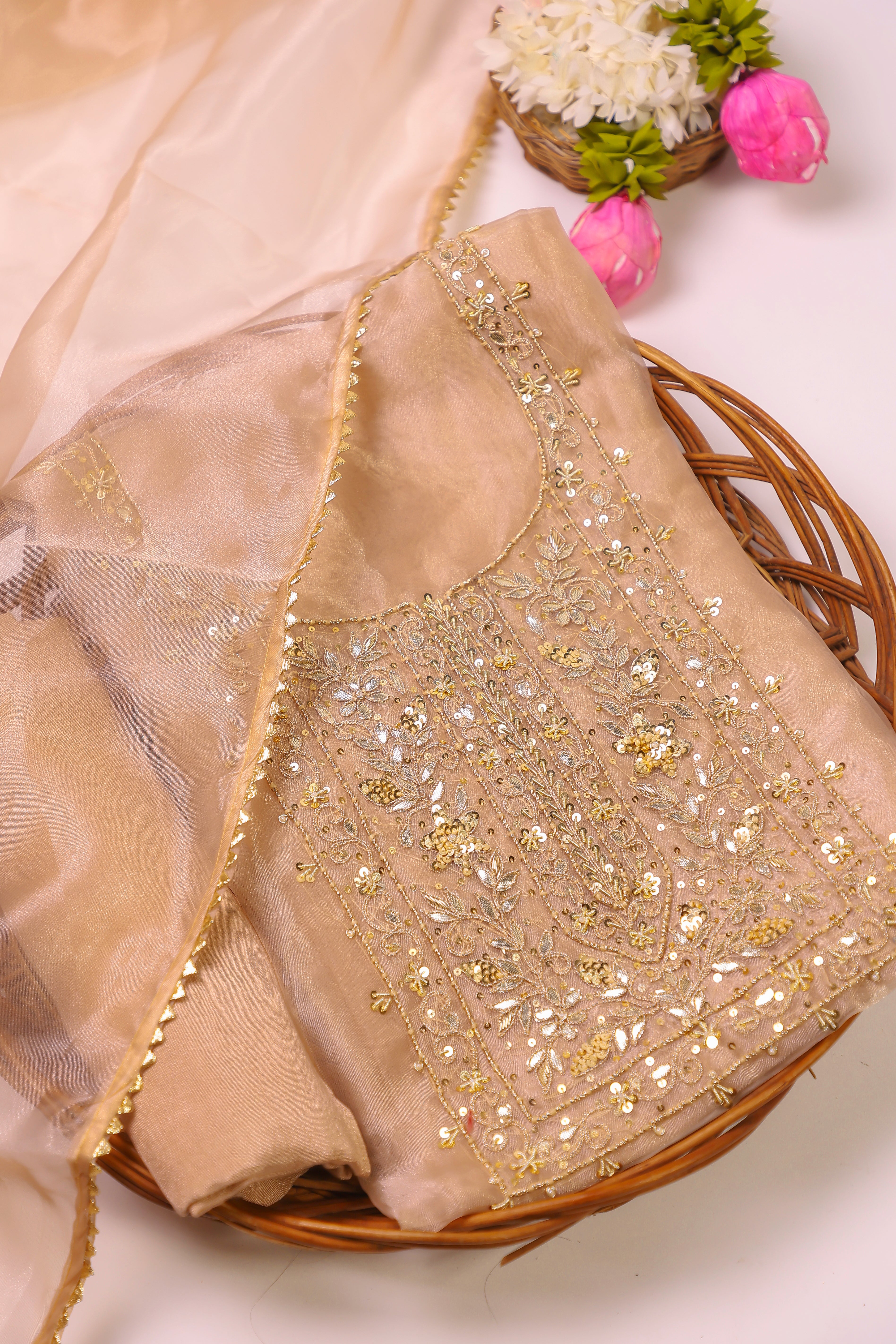 Golden Copper Brown Unstitch Suit with Handcrafted Zardozi and Heavy Gota Patti Work