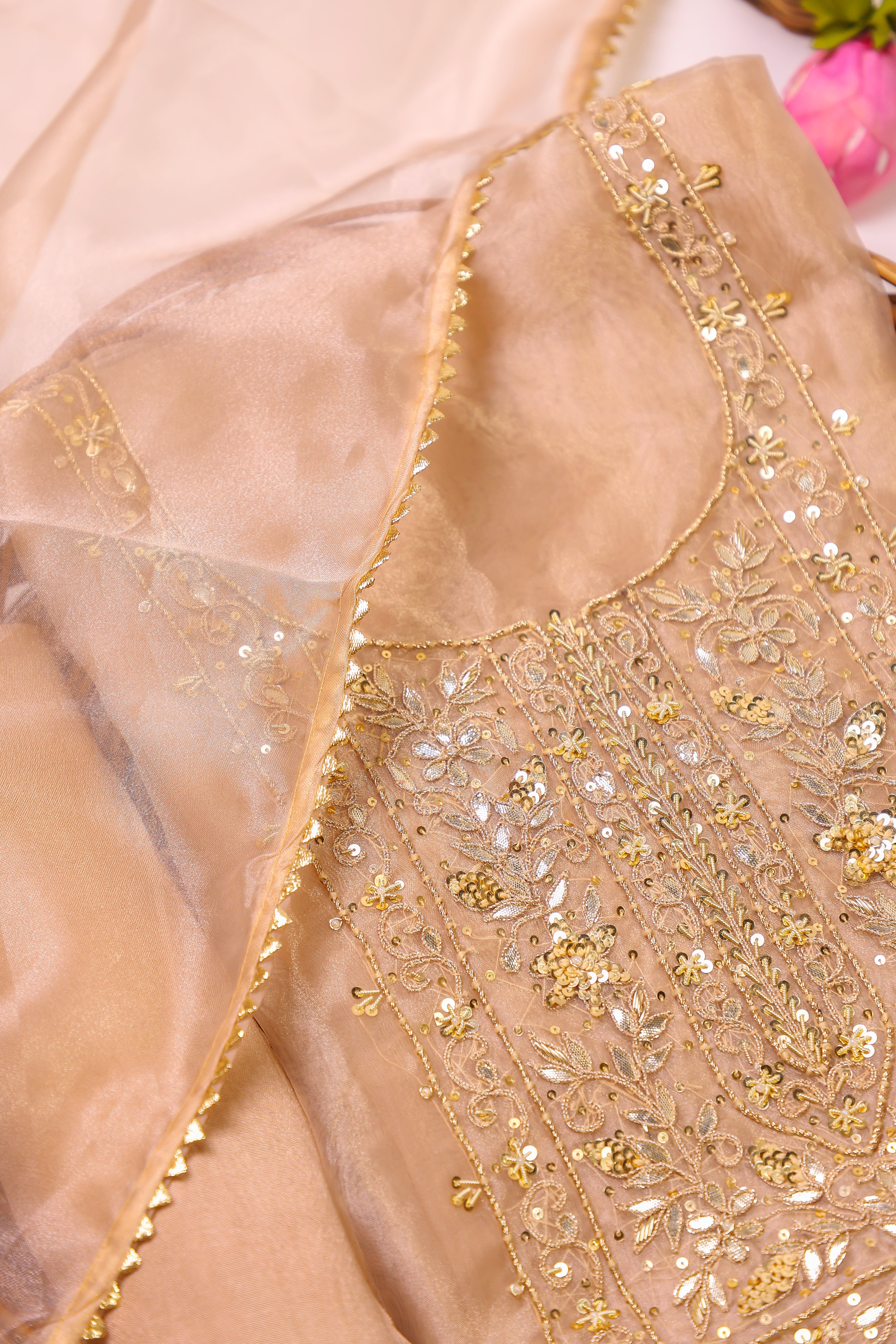 Golden Copper Brown Unstitch Suit with Handcrafted Zardozi and Heavy Gota Patti Work