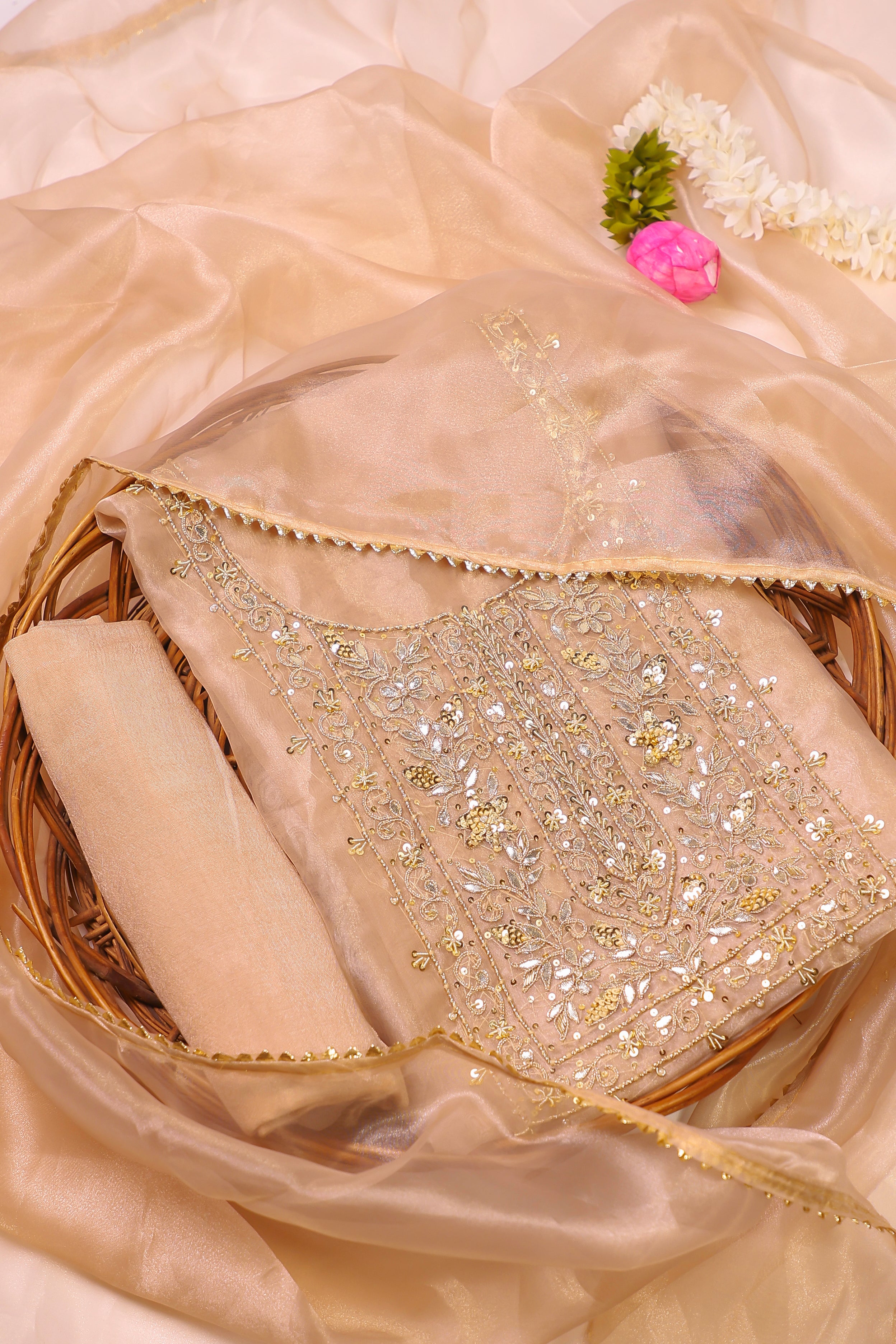 Golden Copper Brown Unstitch Suit with Handcrafted Zardozi and Heavy Gota Patti Work