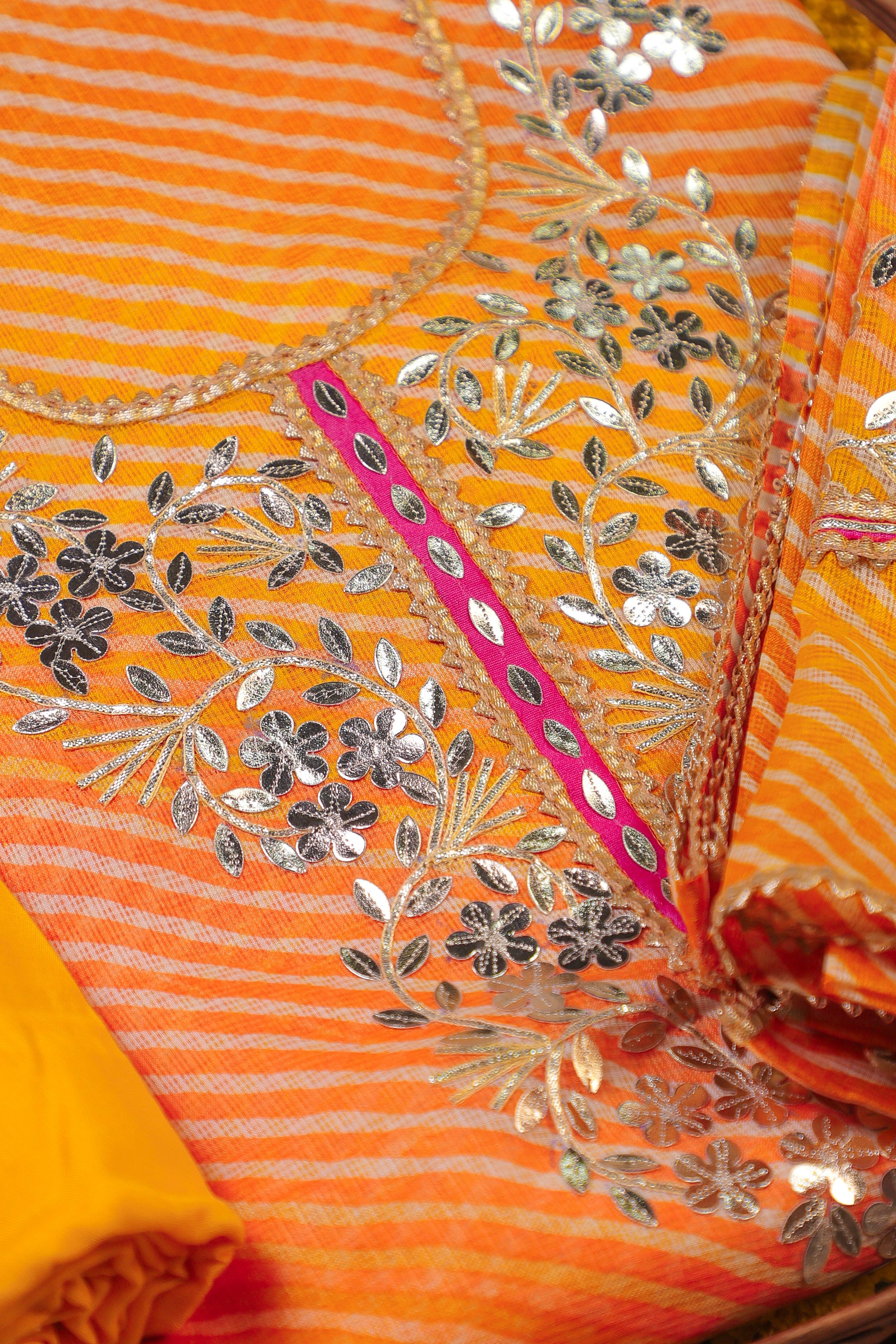 Marigold Glow Unstitched Suit Set in Kota Doria with Golden Gota Patti Work