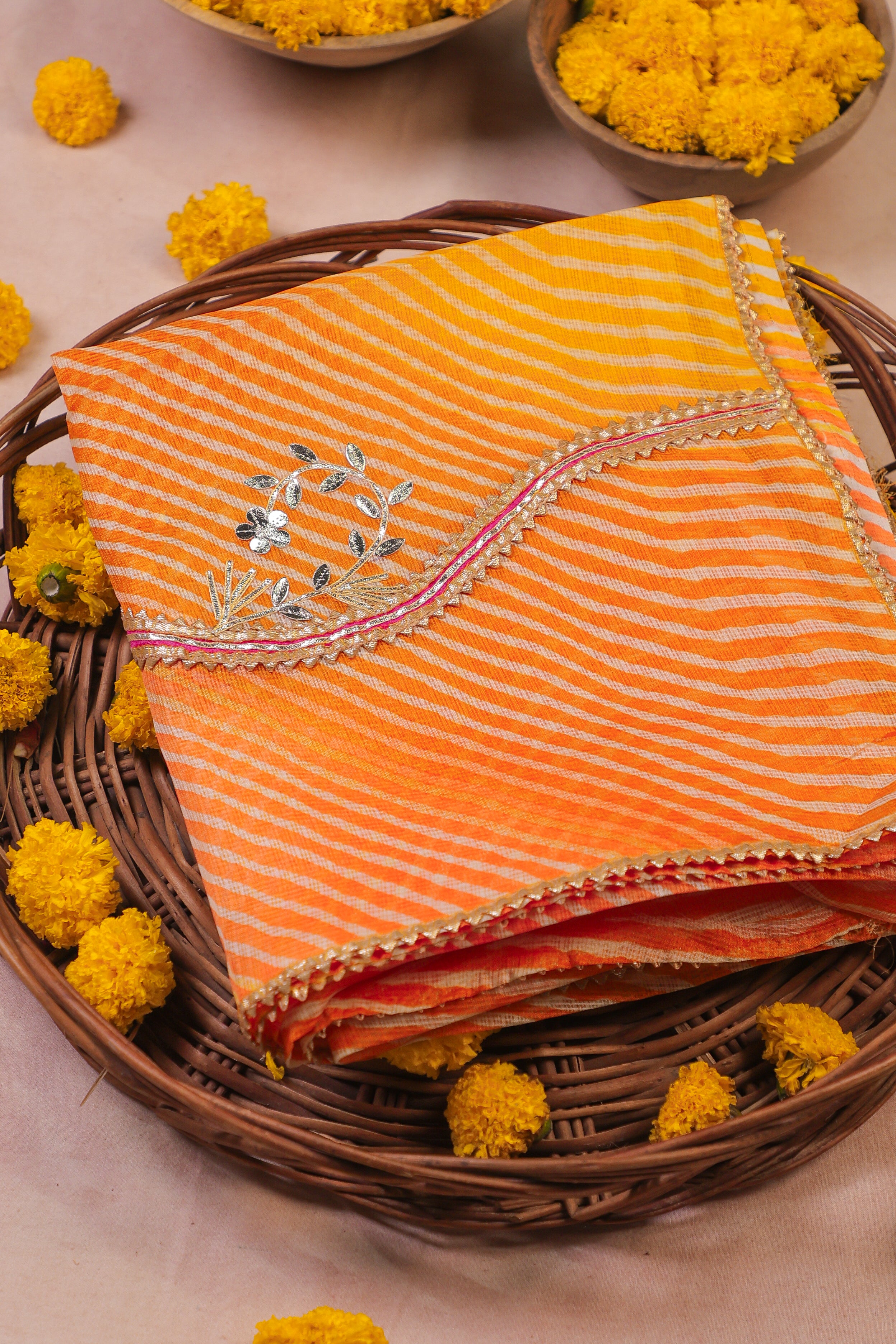 Marigold Glow Unstitched Suit Set in Kota Doria with Golden Gota Patti Work