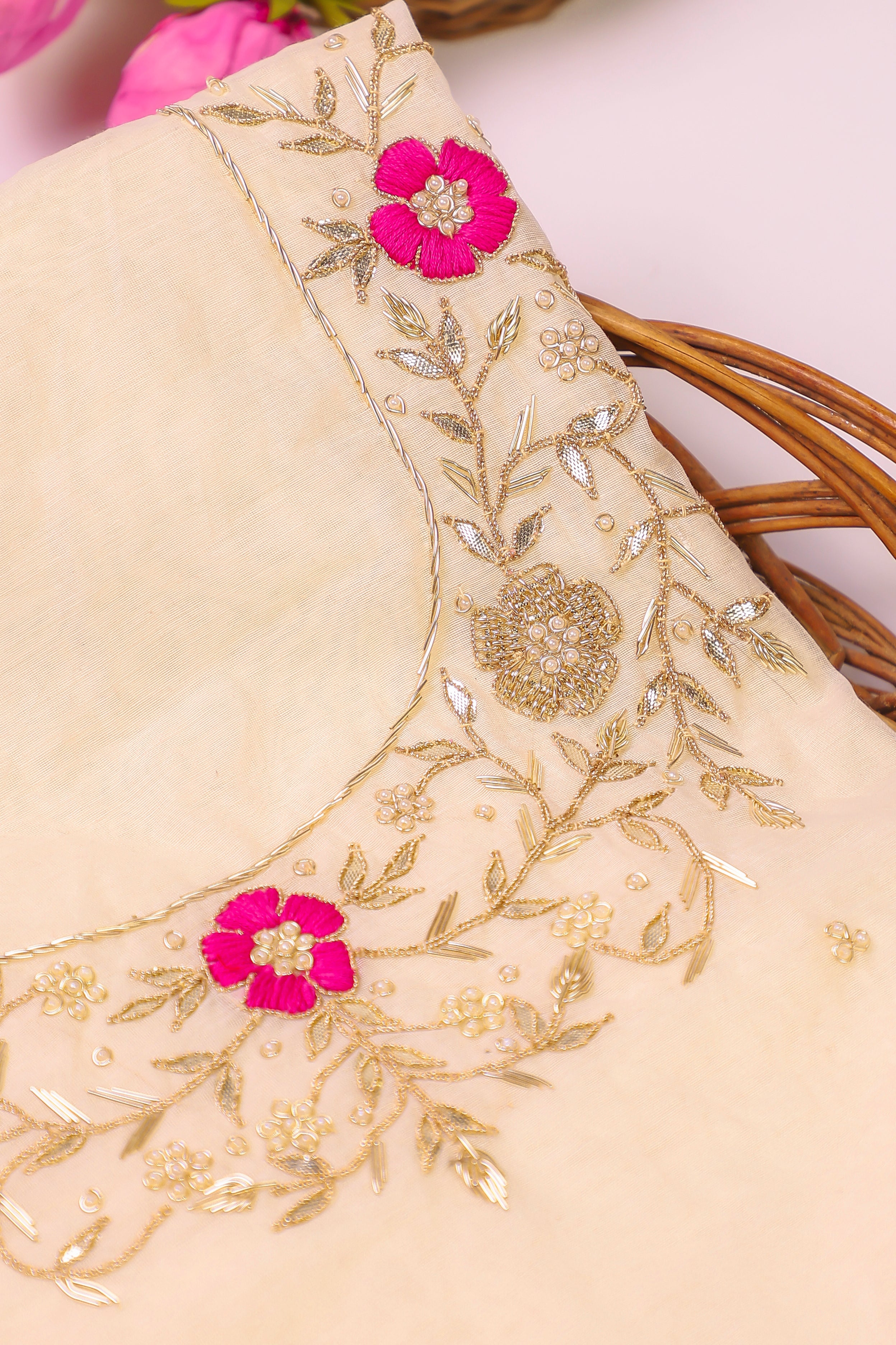 Off White and Rani Unstitch Suit with Thread and Heavy Gota Patti Work