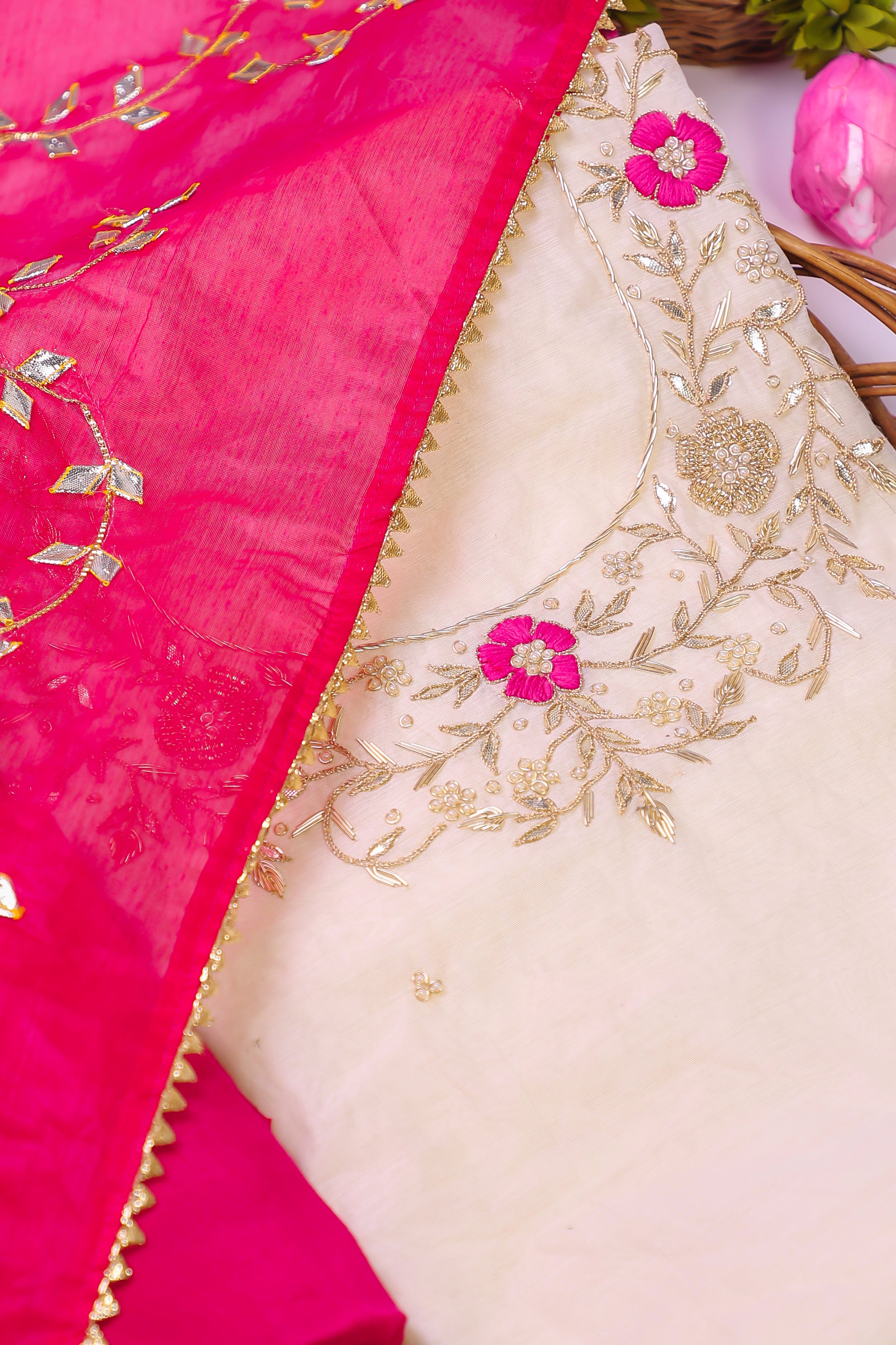 Off White and Rani Unstitch Suit with Thread and Heavy Gota Patti Work