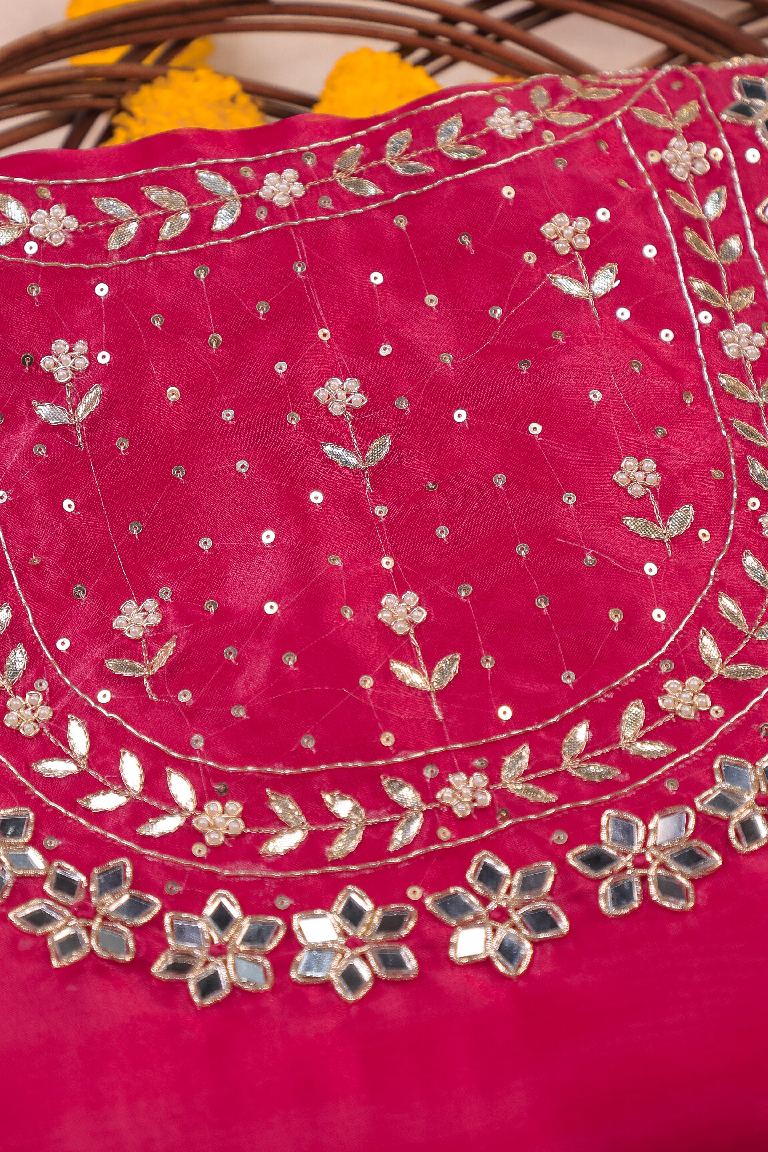 Imperial Fuchsia Elegance Unstitched Suit Set in Organza Tissue with Mirror & Pearl Embellishment