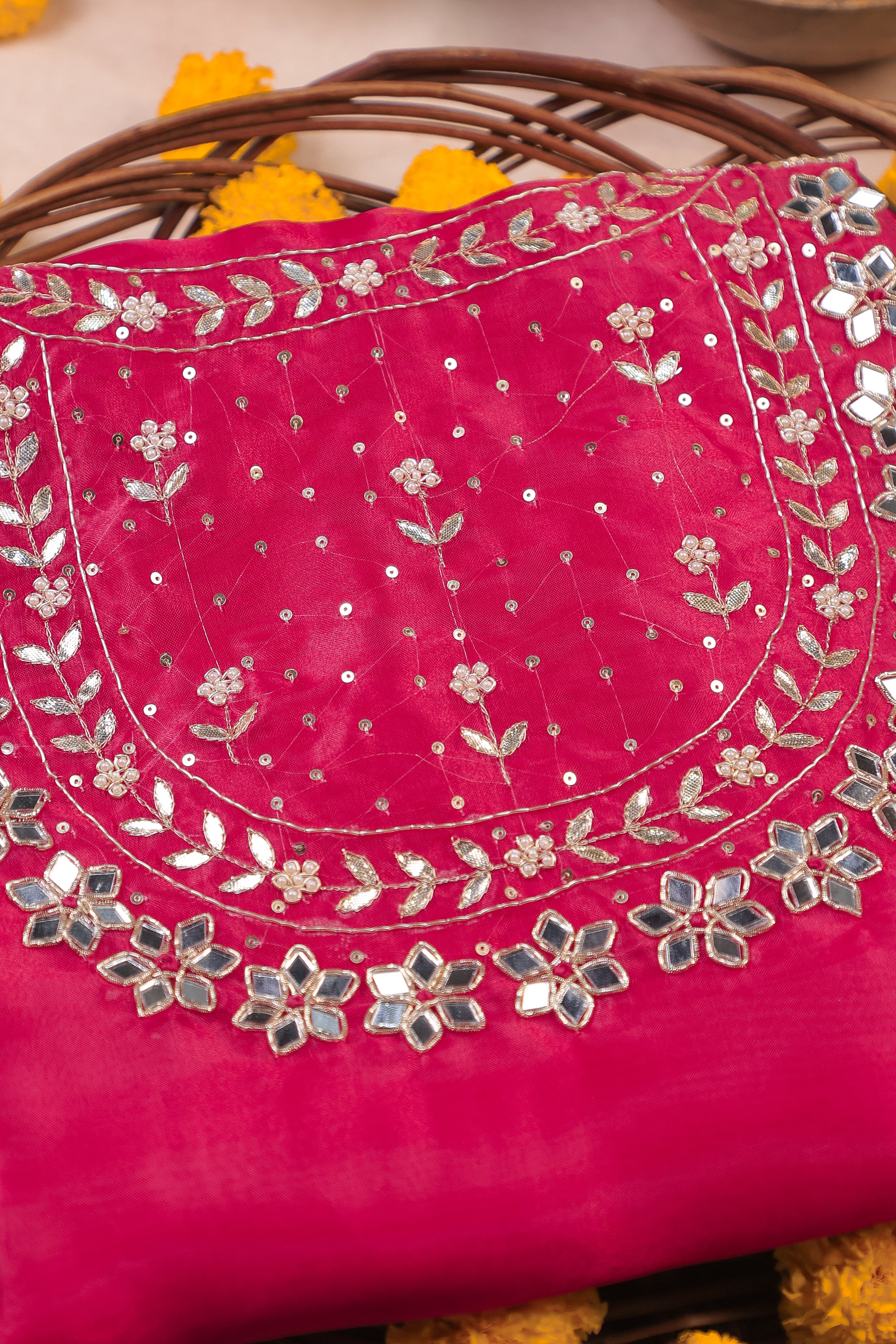 Imperial Fuchsia Elegance Unstitched Suit Set in Organza Tissue with Mirror & Pearl Embellishment