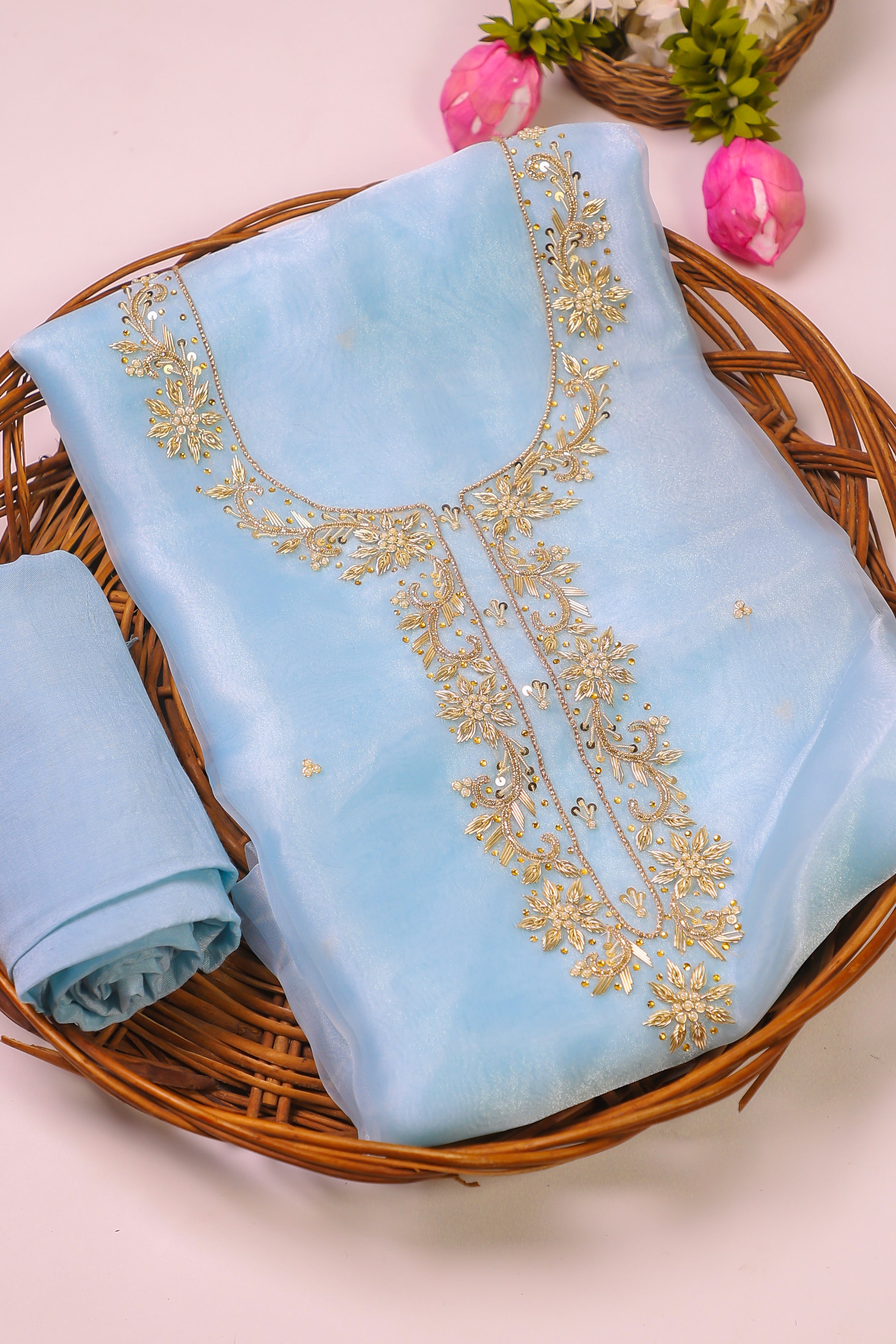 Sky Blue Unstitch Suit with Handcrafted Zardozi, Pearl, and Heavy Gota Patti Work