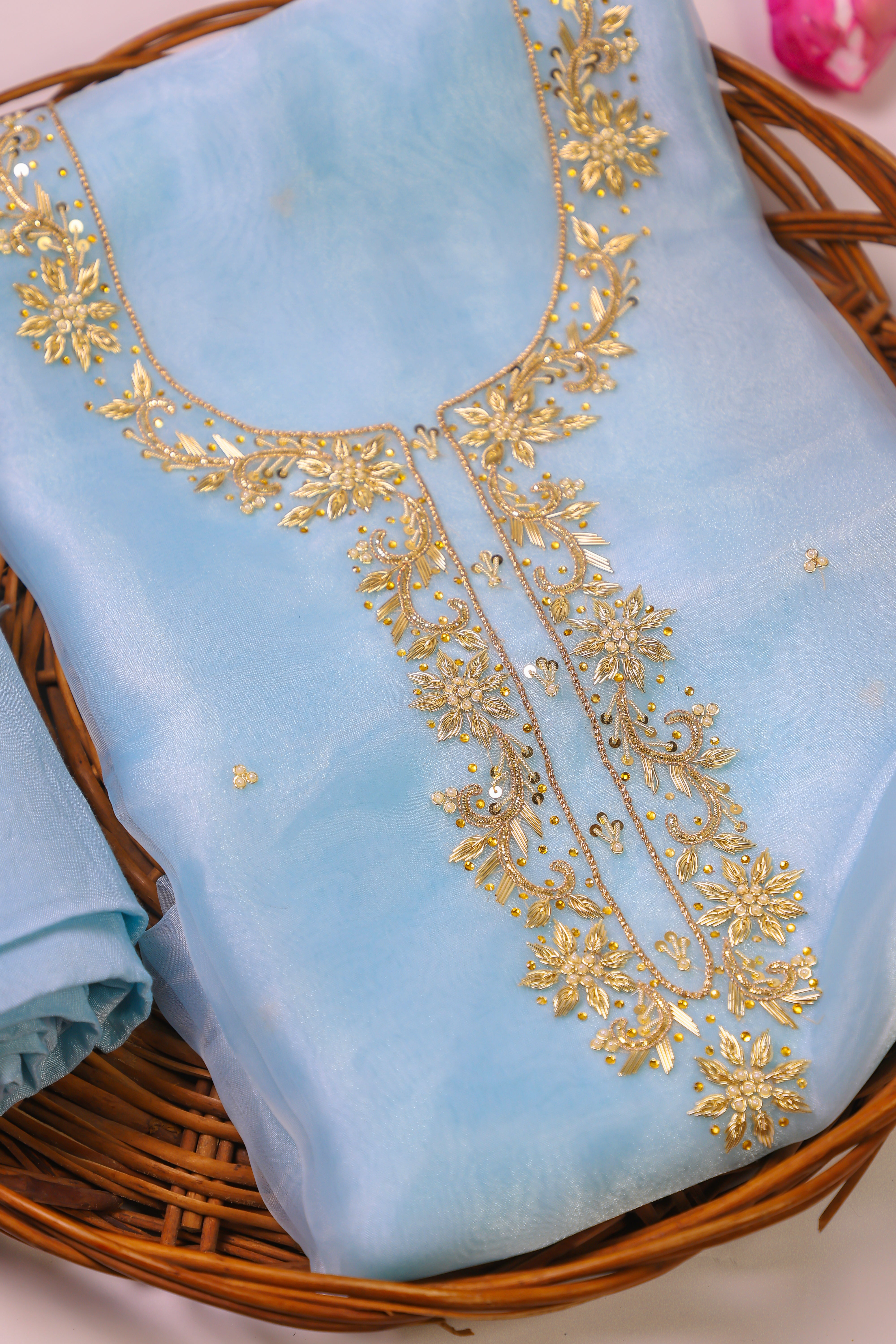 Sky Blue Unstitch Suit with Handcrafted Zardozi, Pearl, and Heavy Gota Patti Work
