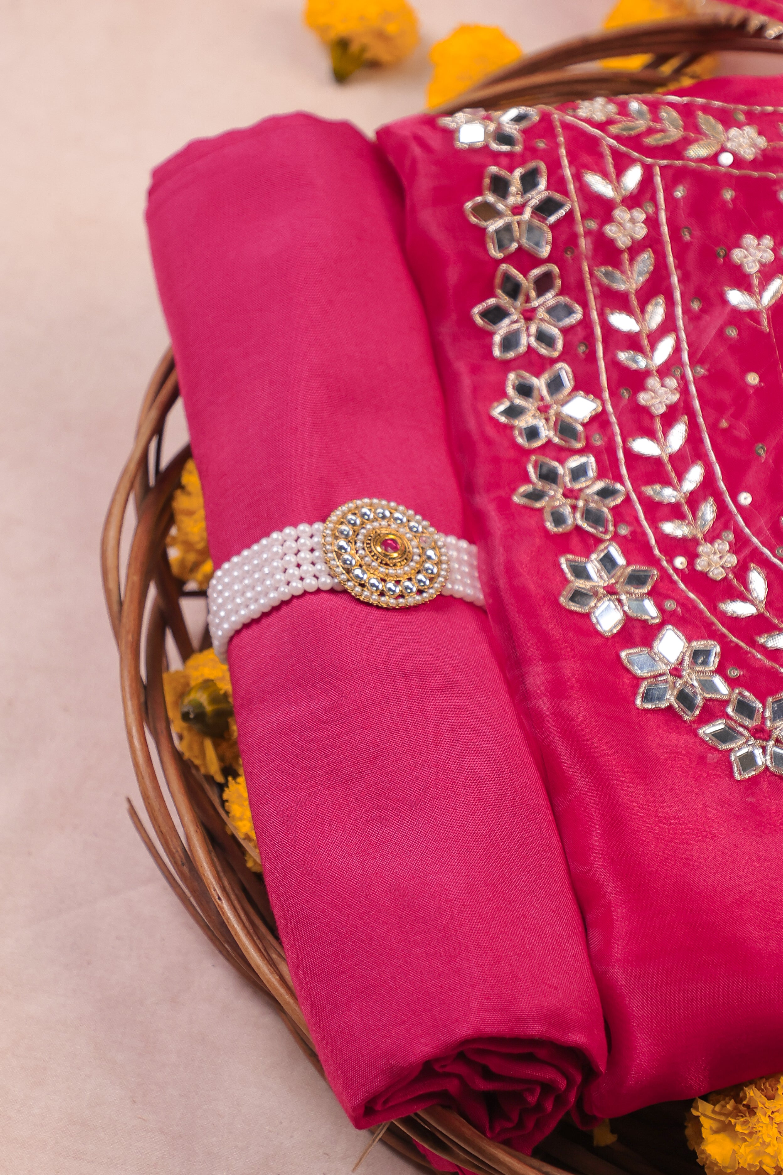 Imperial Fuchsia Elegance Unstitched Suit Set in Organza Tissue with Mirror & Pearl Embellishment