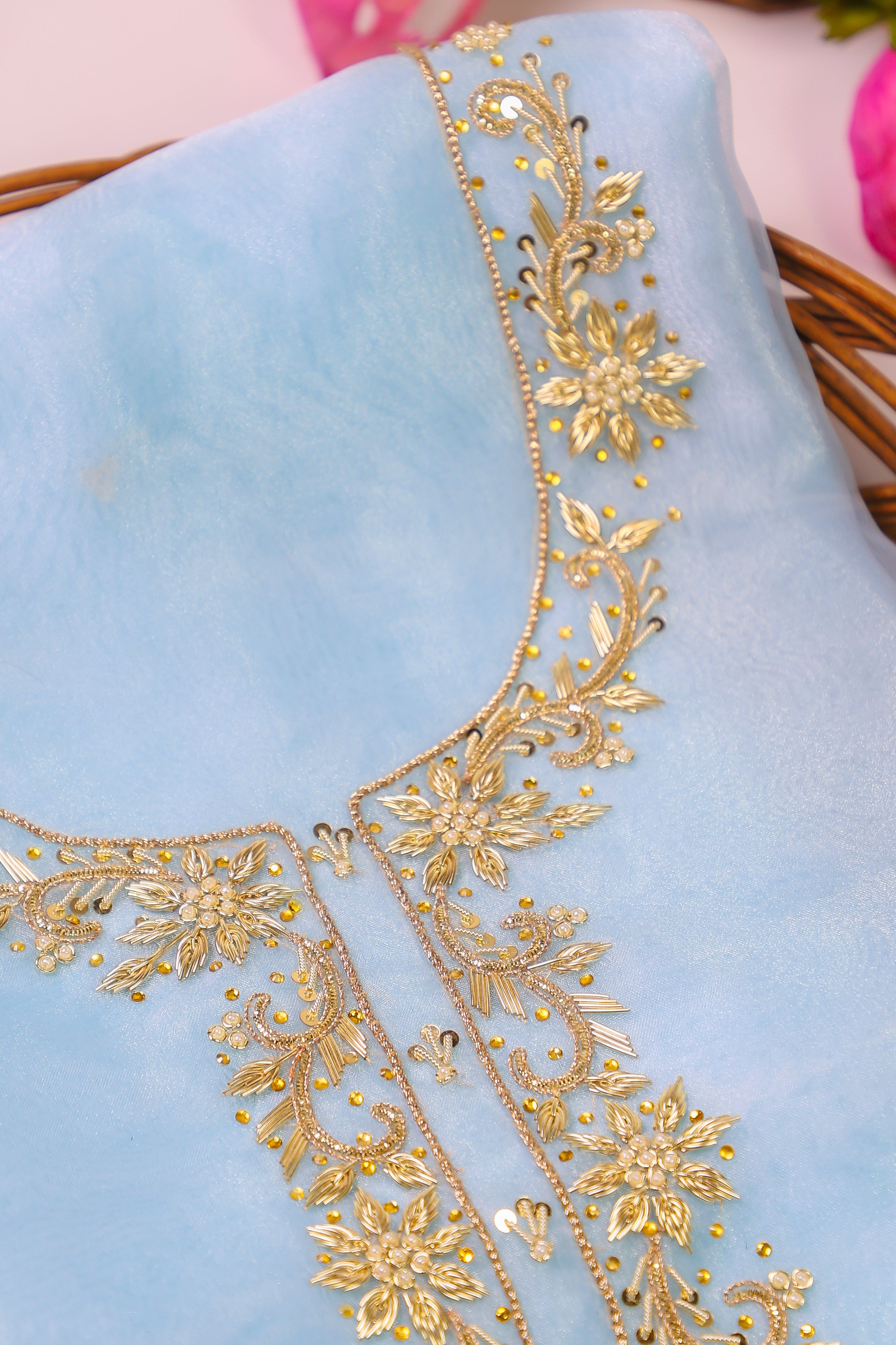 Sky Blue Unstitch Suit with Handcrafted Zardozi, Pearl, and Heavy Gota Patti Work
