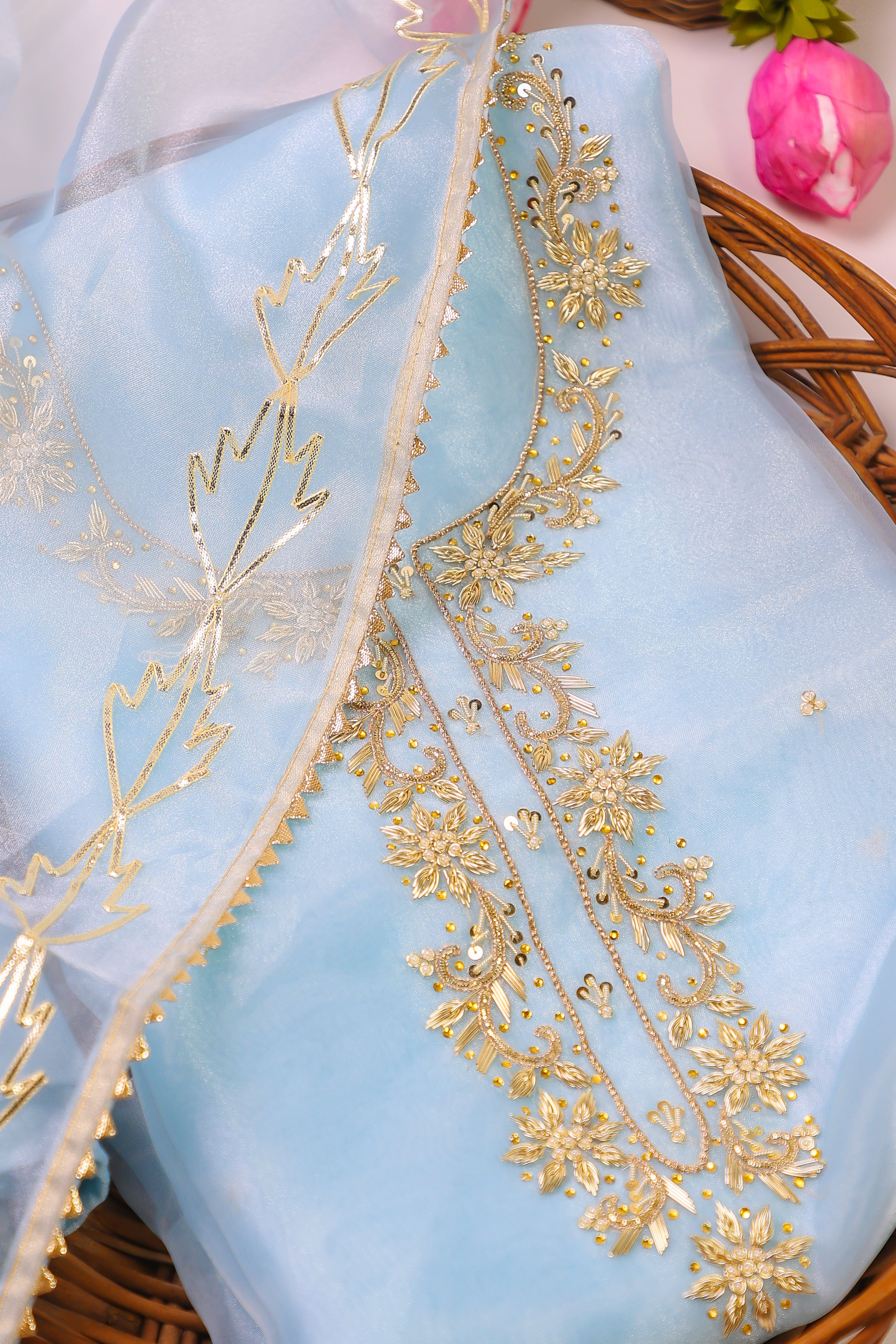 Sky Blue Unstitch Suit with Handcrafted Zardozi, Pearl, and Heavy Gota Patti Work