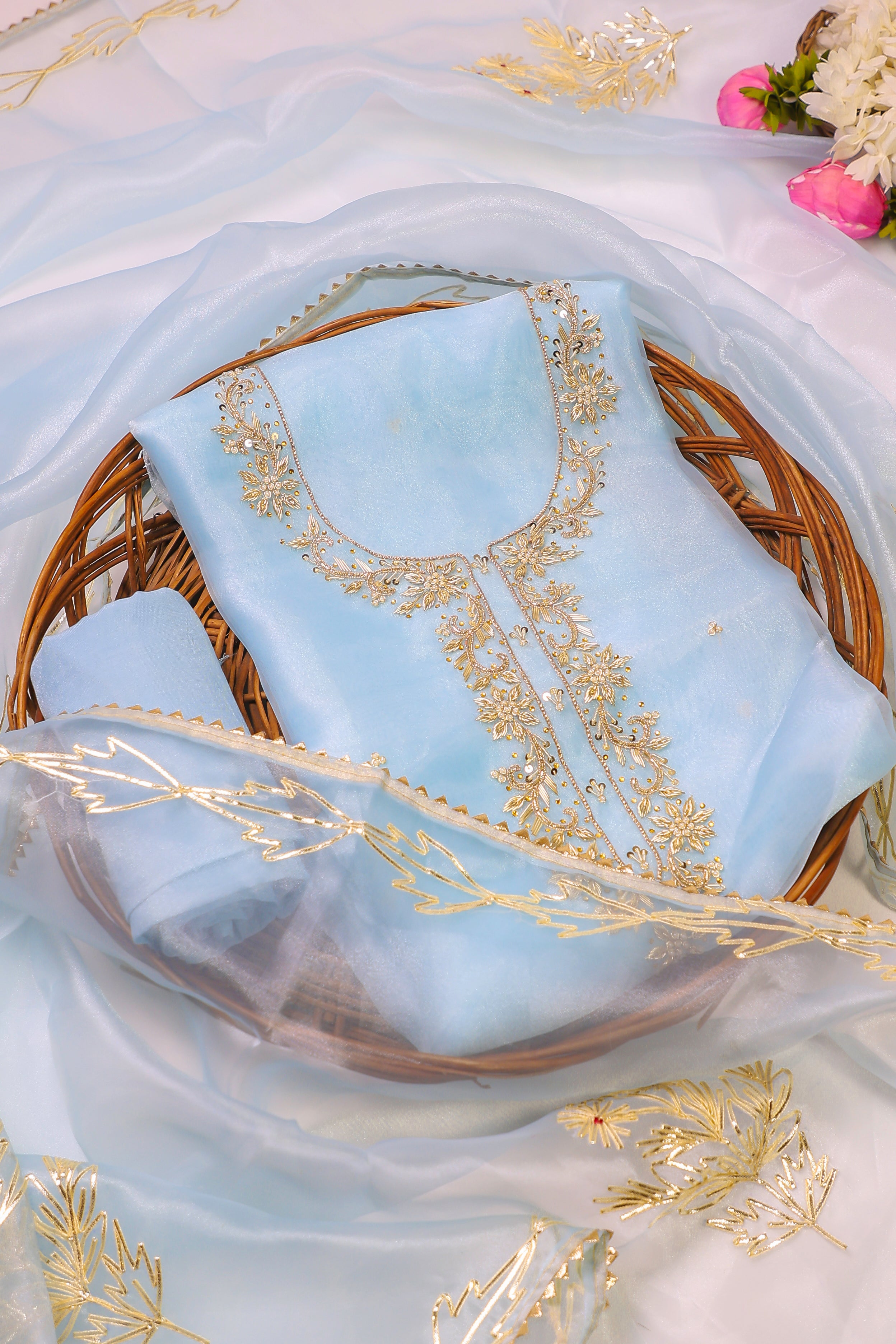 Sky Blue Unstitch Suit with Handcrafted Zardozi, Pearl, and Heavy Gota Patti Work