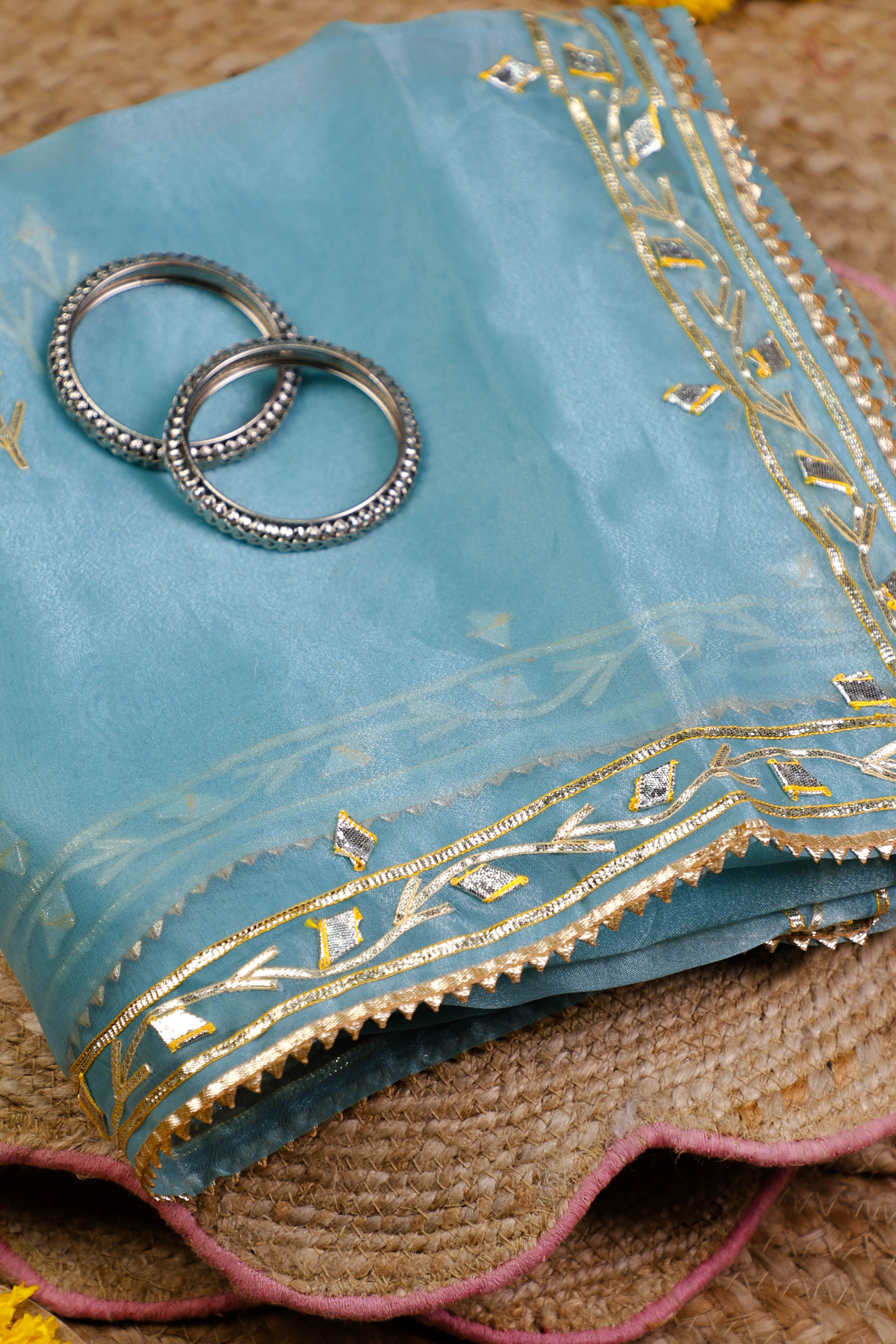 Turquoise Charm Unstitched Suit Set with Vibrant Pink Accents and Heritage Gota Patti Work