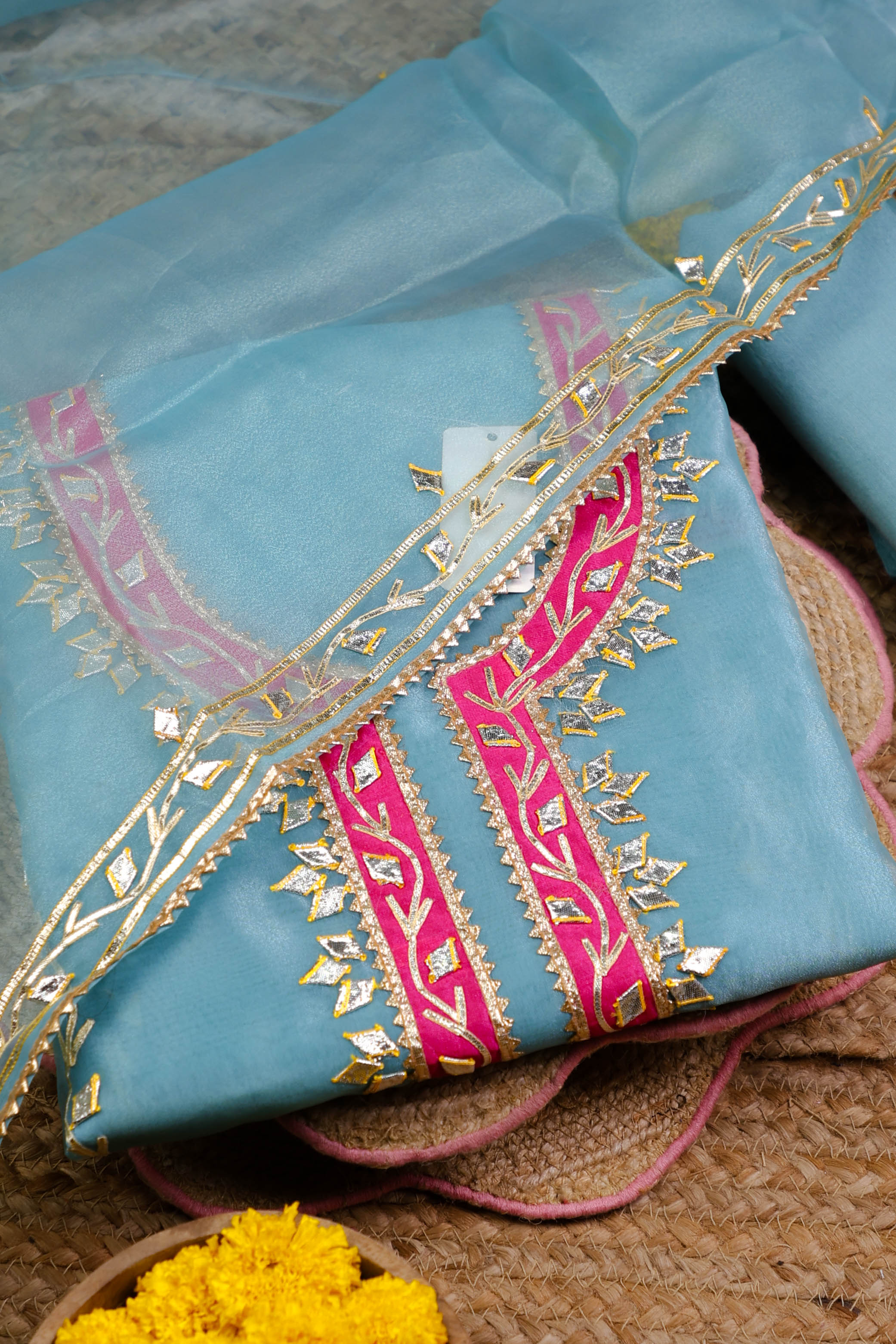 Turquoise Charm Unstitched Suit Set with Vibrant Pink Accents and Heritage Gota Patti Work